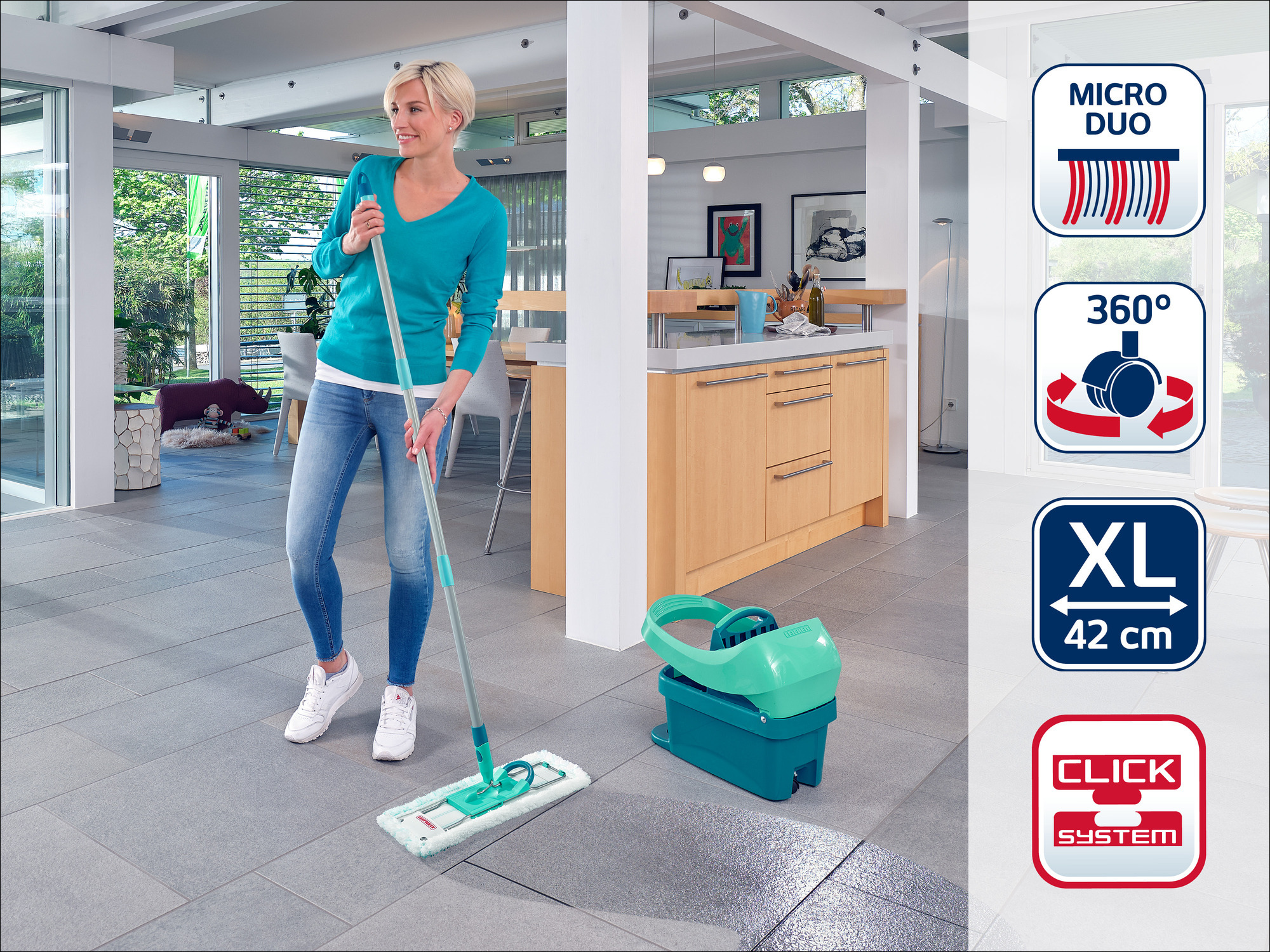 Kobieta sprząta podłogę zielonym mopem i wiadrem. Etykiety tekstowe: 'MICRO DUO', '360°', 'XL 42 cm'.