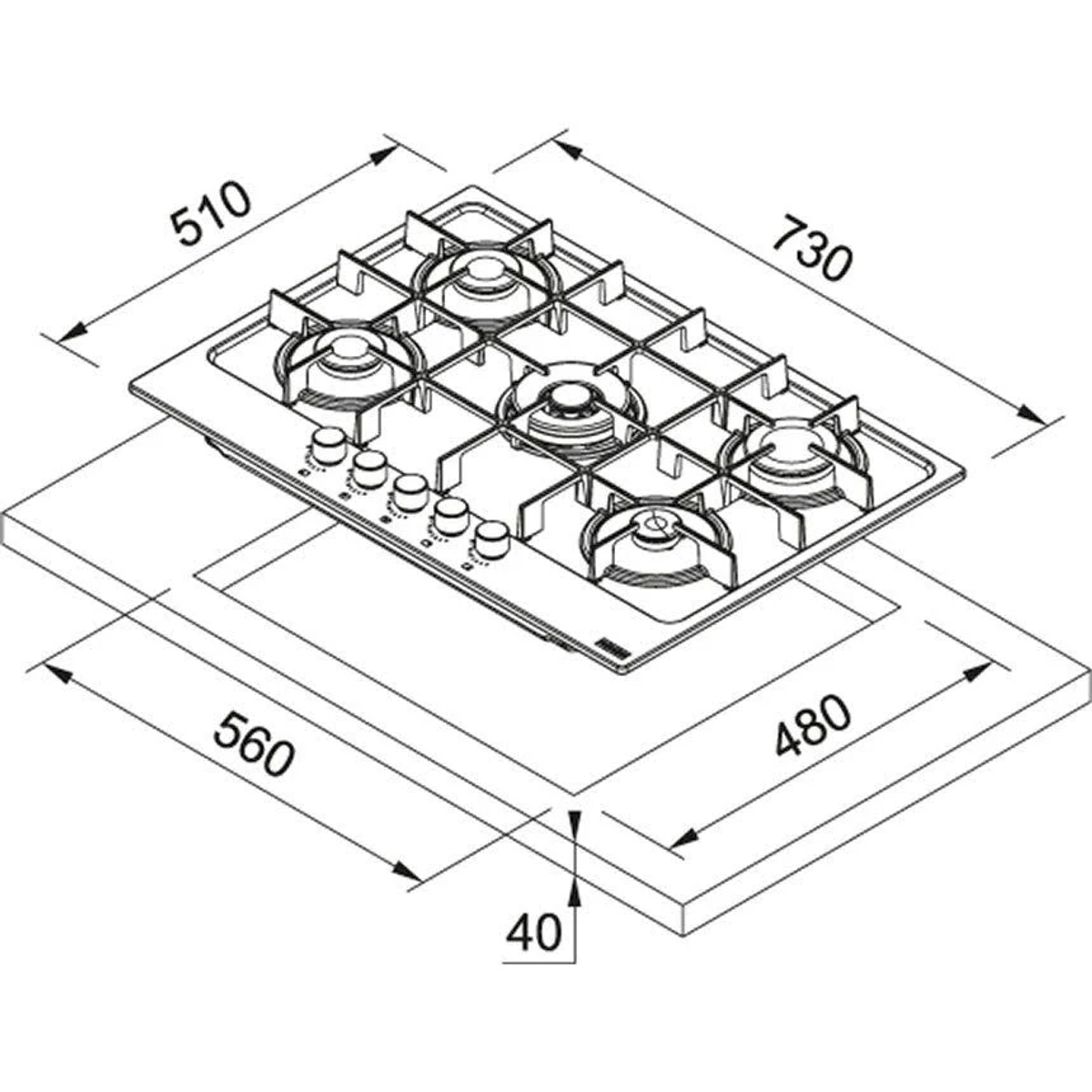 Un fornello a gas con sei fuochi ed etichette dimensionali su sfondo bianco.