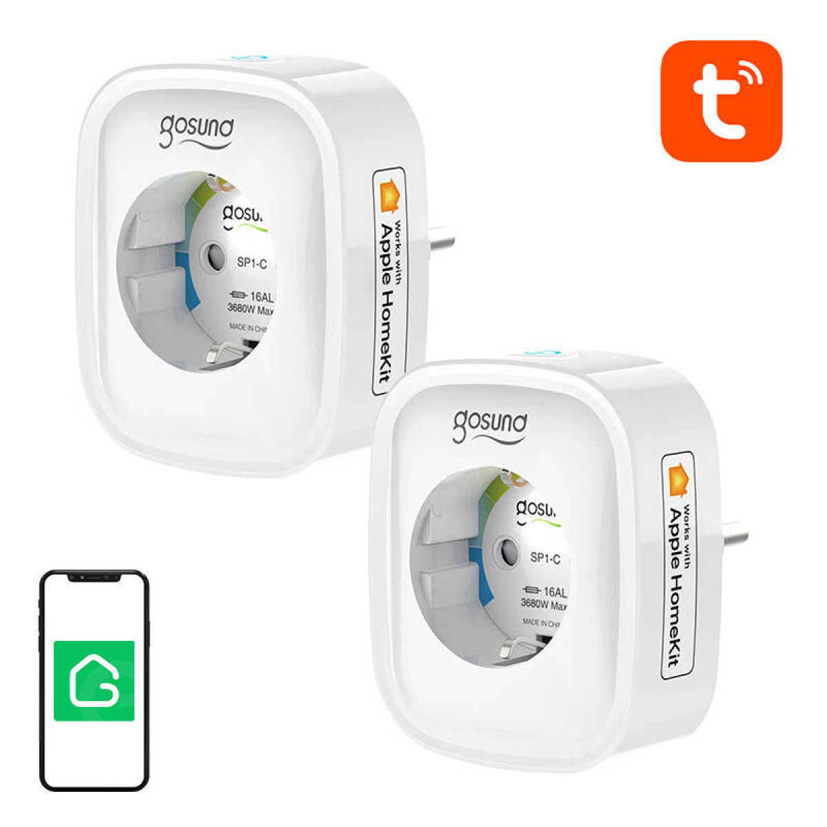 Zwei weiße Smart Plugs der Marke 'gosund', Smartphone und ein 'T'-Logo.