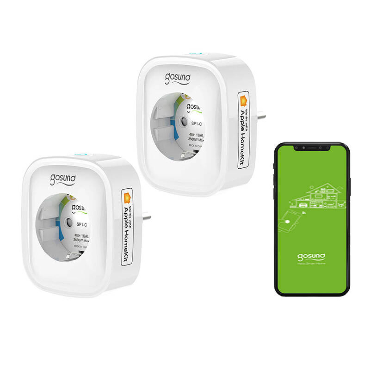 Zwei weiße Smart-Stecker, einer in einer Steckdose, mit einem Telefon, das die Smart-Home-App zeigt.