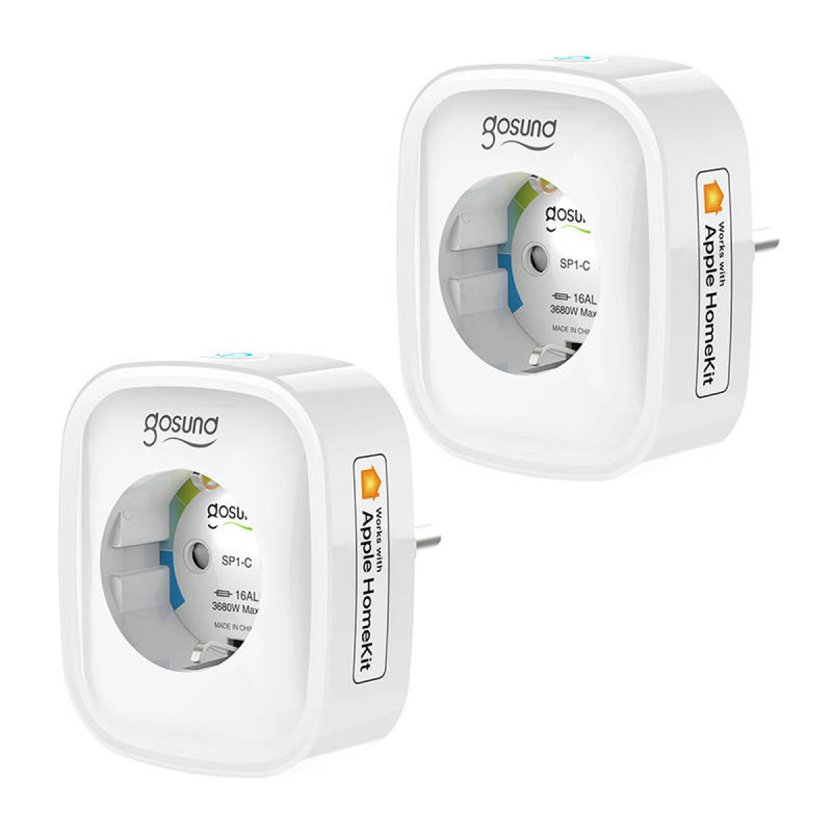Zwei weiße Smart Plugs mit dem Text 'Apple HomeKit'.