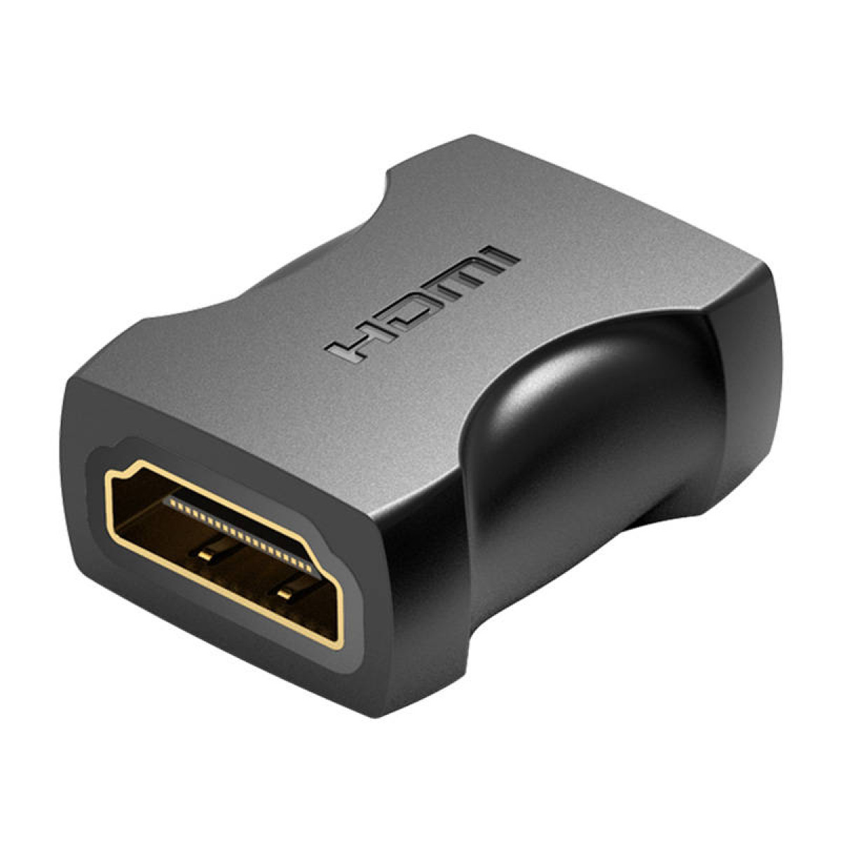 Czarny adapter HDMI z portem HDMI. Złącze jest złote, a obudowa szara.