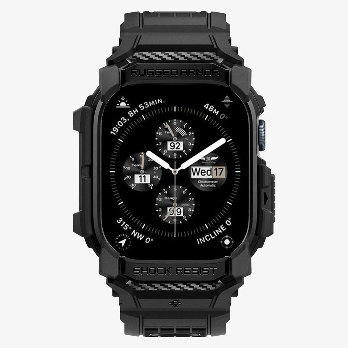 Czarny Apple Watch w wytrzymałej obudowie. Pokazuje godzinę, datę i różne wskaźniki.