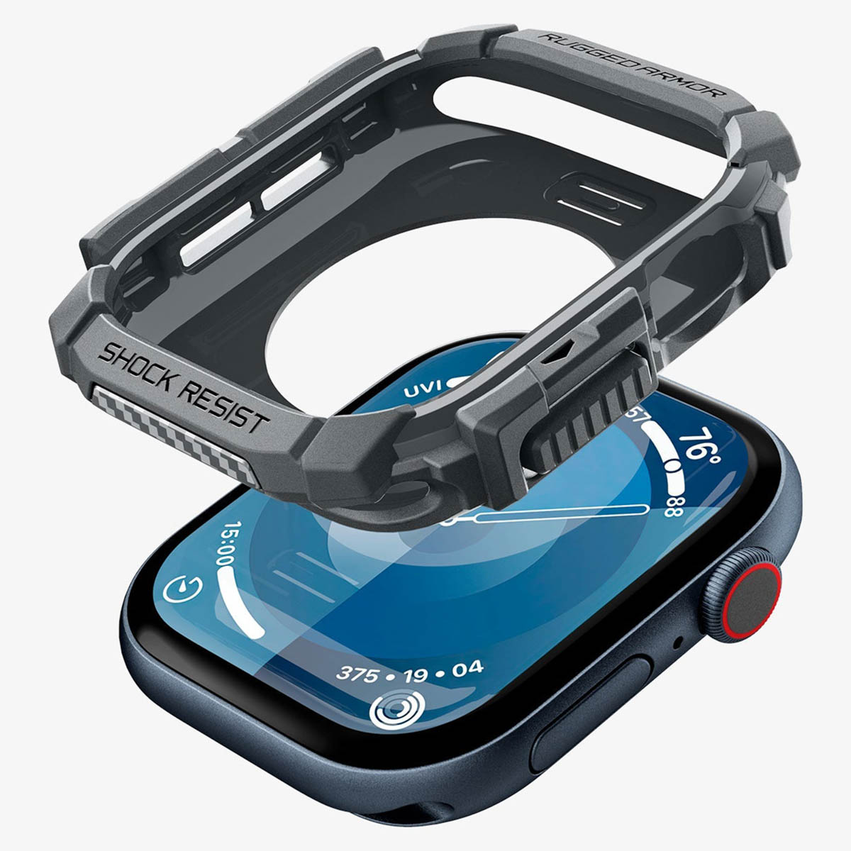 Czarny smartwatch z szarą, wytrzymałą obudową, widok z góry, pokazujący ekran.