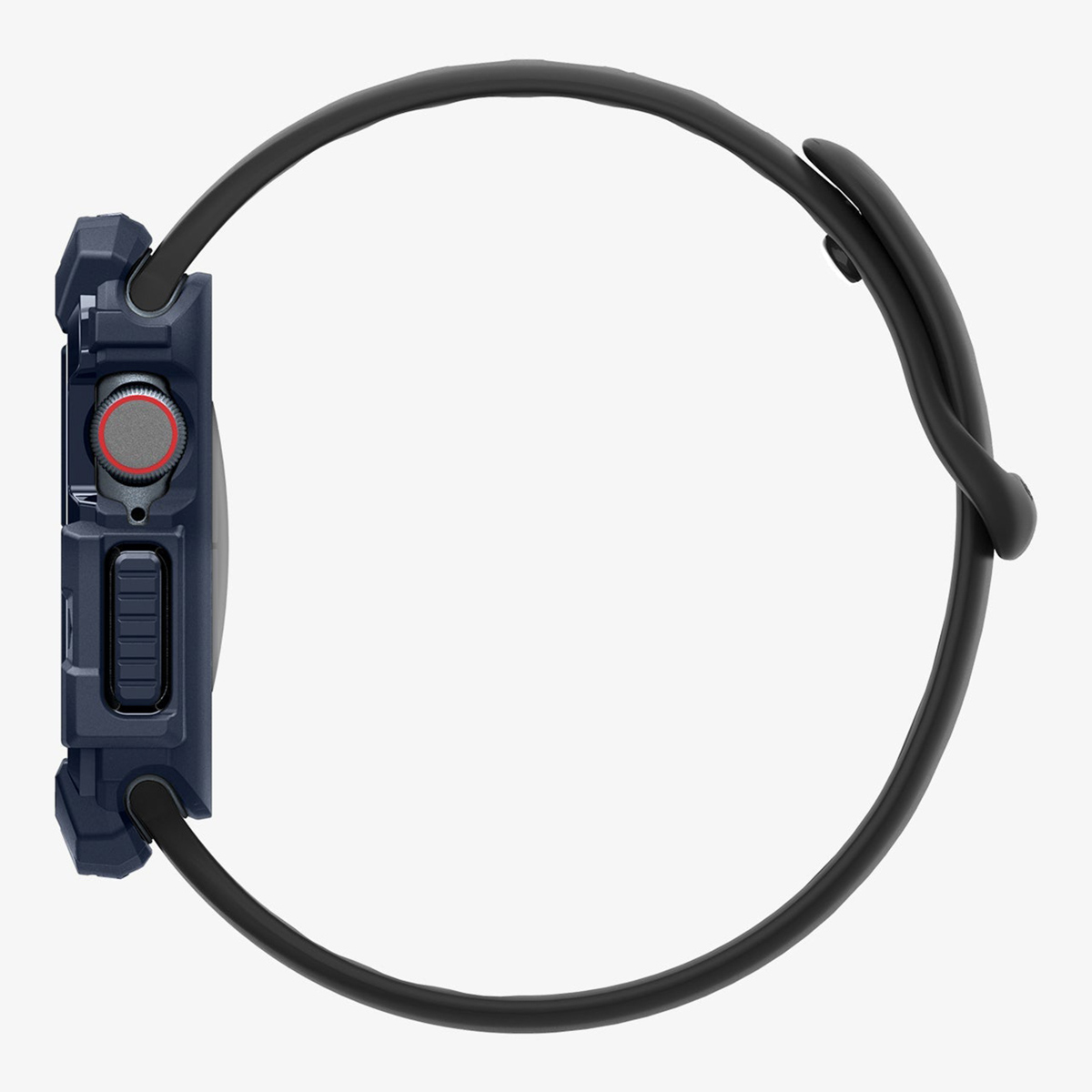 Czarny smartwatch z czarnym paskiem, widok z boku. Ma czerwony przycisk i tarczę.