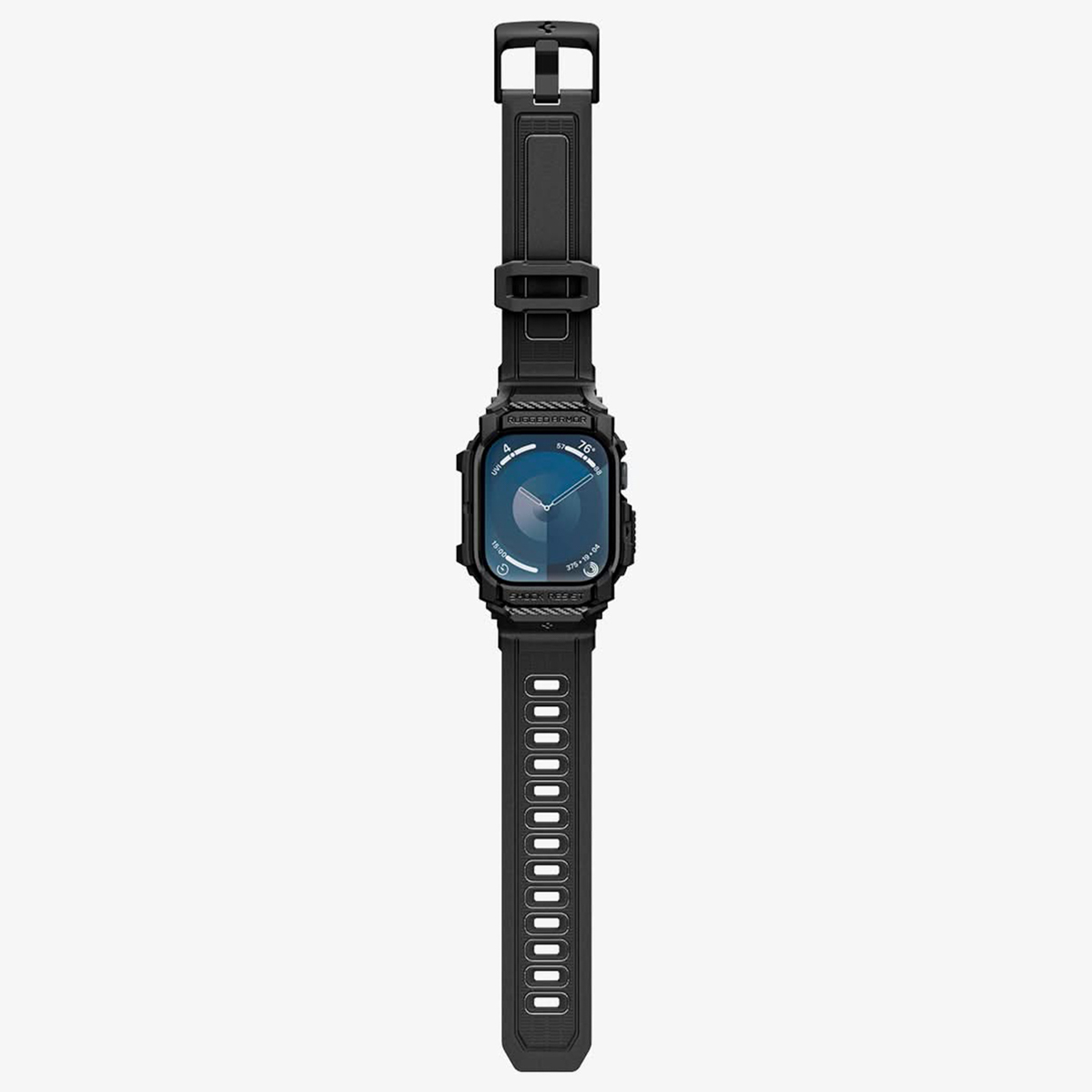 Czarny smartwatch z wytrzymałą obudową pancerną i czarnym paskiem, rozłożony.