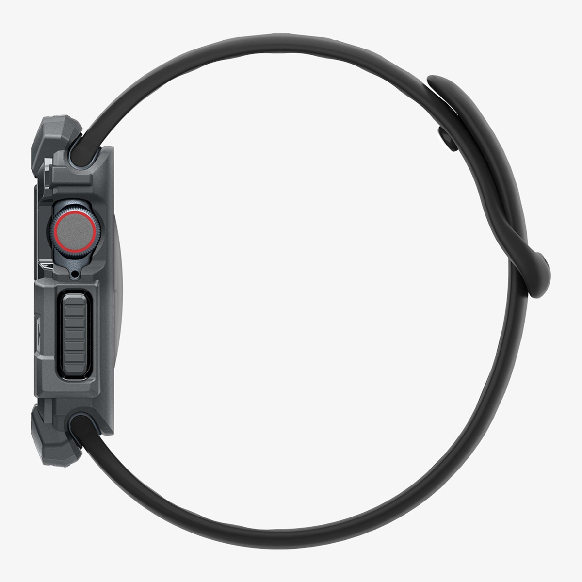 Widok z boku szarego smartwatcha z czarnym paskiem. Czerwony przycisk z boku.