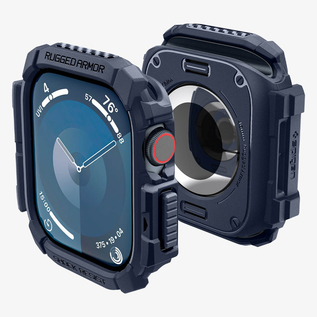 Ciemnoniebieskie etui Apple Watch z tekstem Rugged Armor i widoczną tarczą.