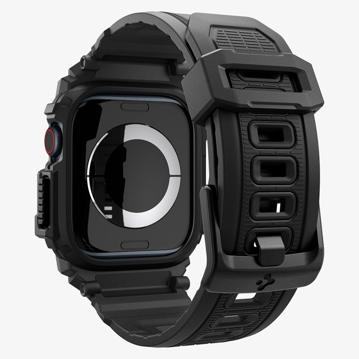 Czarny smartwatch z etui ochronnym i paskiem na białym tle, widok z boku.