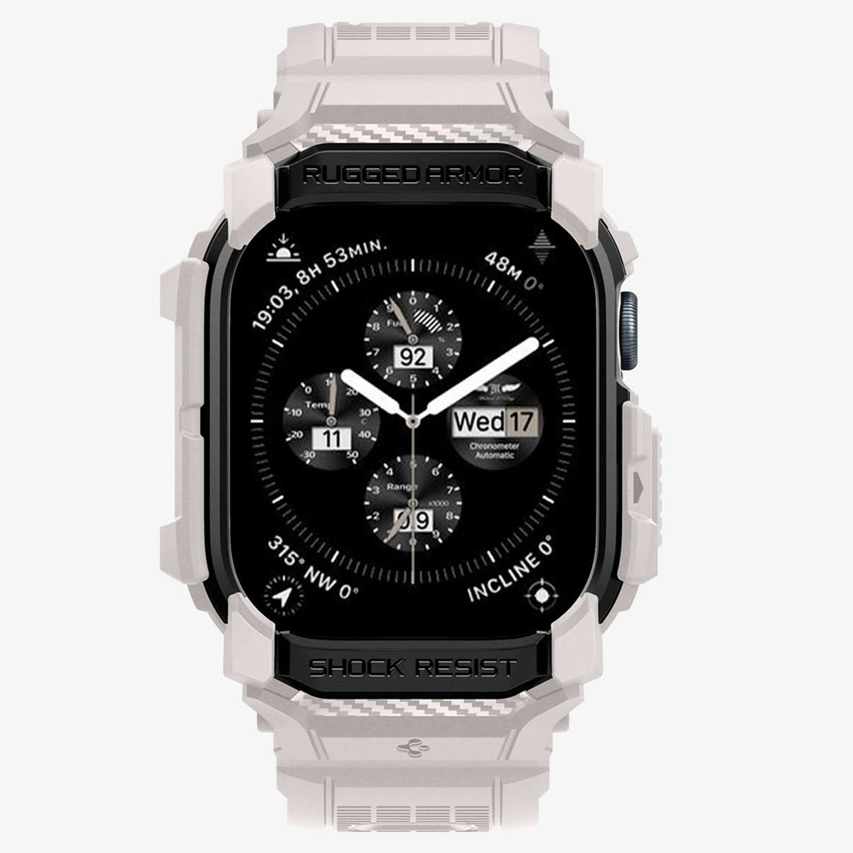 Biało-szary smartwatch z czarnym ekranem i czarnym paskiem. Tło jest białe.