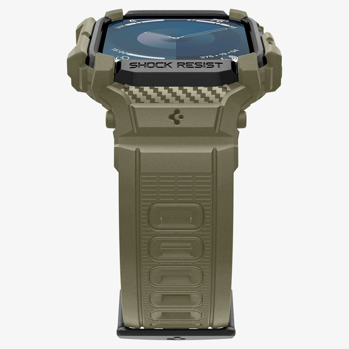 Zegarek w kolorze oliwkowym z czarnymi akcentami: Zegarek z czarnym ekranem i oliwkowym paskiem.