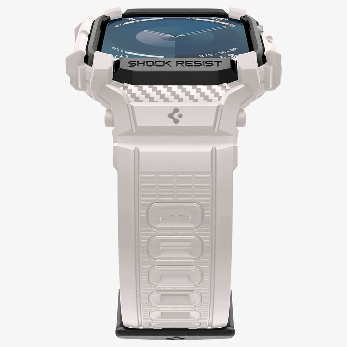 Biały smartwatch w odpornej na wstrząsy obudowie z białym paskiem, pokazujący godzinę i statystyki.