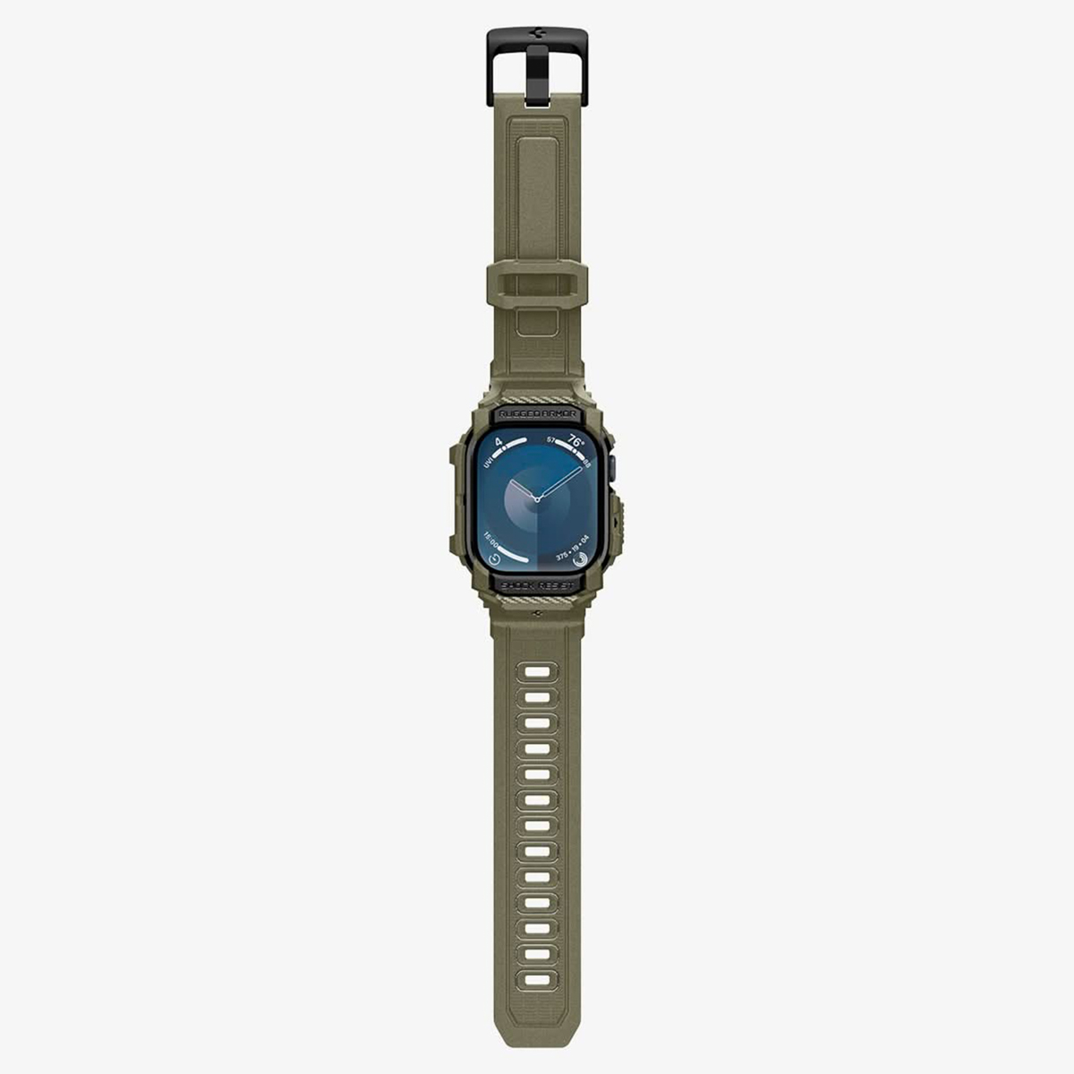 Zielony Apple Watch, pasek jest zielony, z tarczą zegarka pokazującą godzinę.