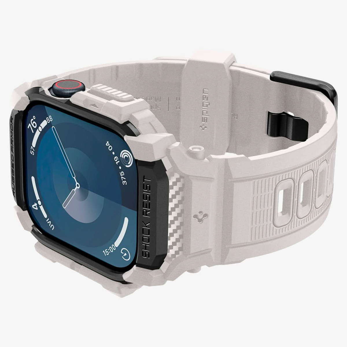 Biały smartwatch z czarnym ekranem, białym paskiem i czarno-białą obudową.