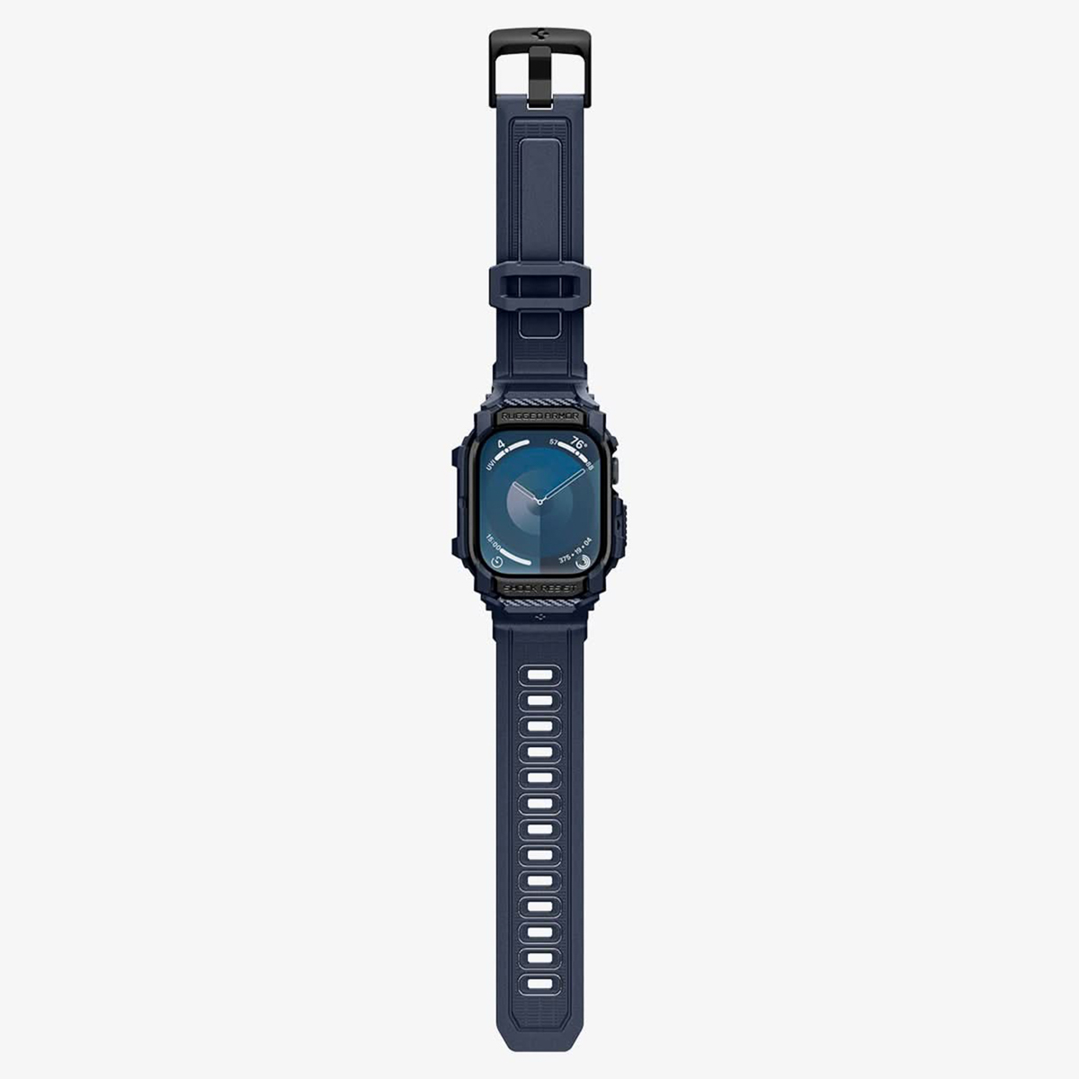 Granatowy smartwatch z pasującym paskiem. Tarcza zegarka pokazuje niebieski wyświetlacz.