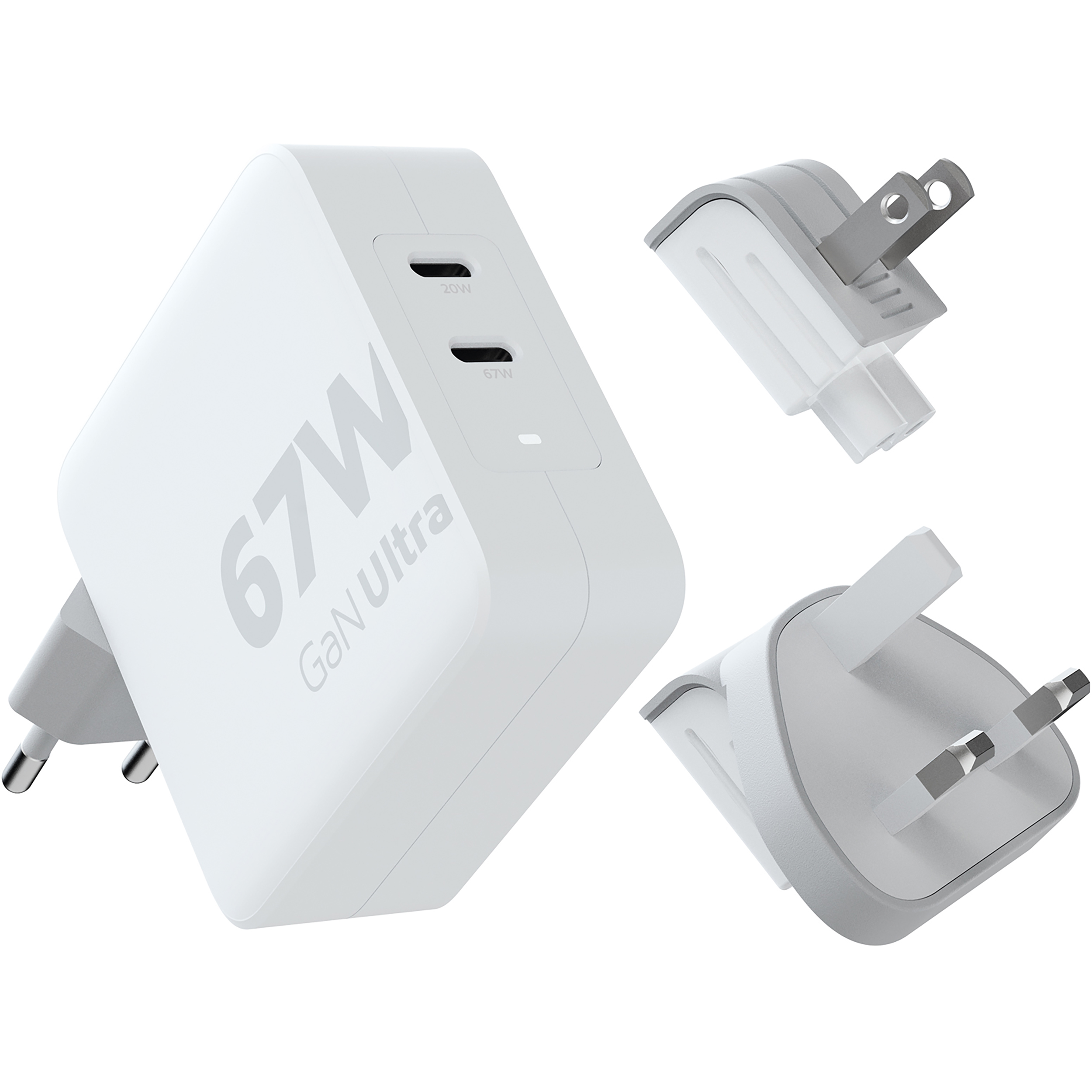 Chargeur blanc 67W GaN Ultra avec plusieurs adaptateurs de prise.