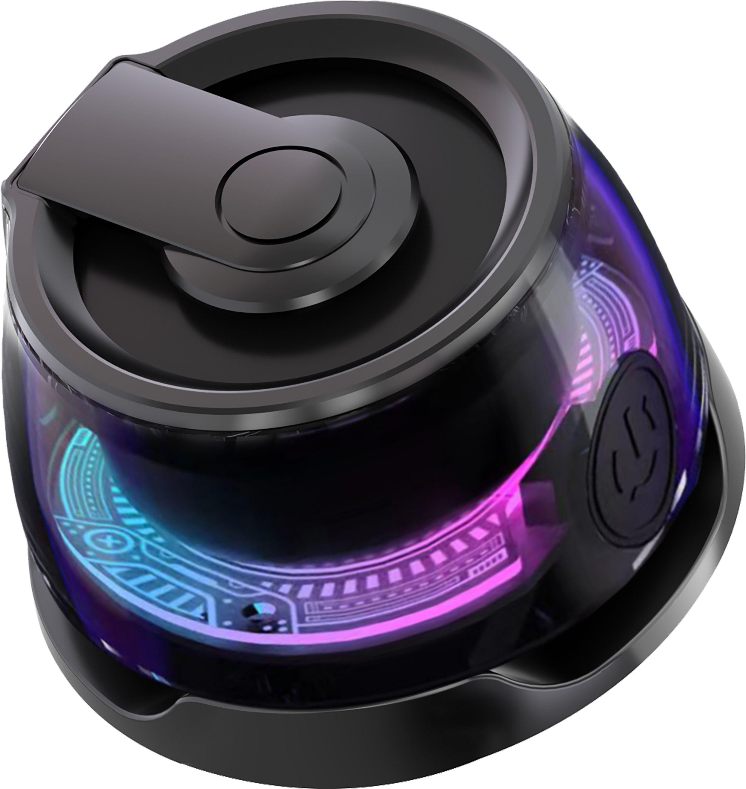 Schwarzes, zylindrisches Gerät mit einem leuchtenden blauen und rosa Ring auf schwarzer Basis.