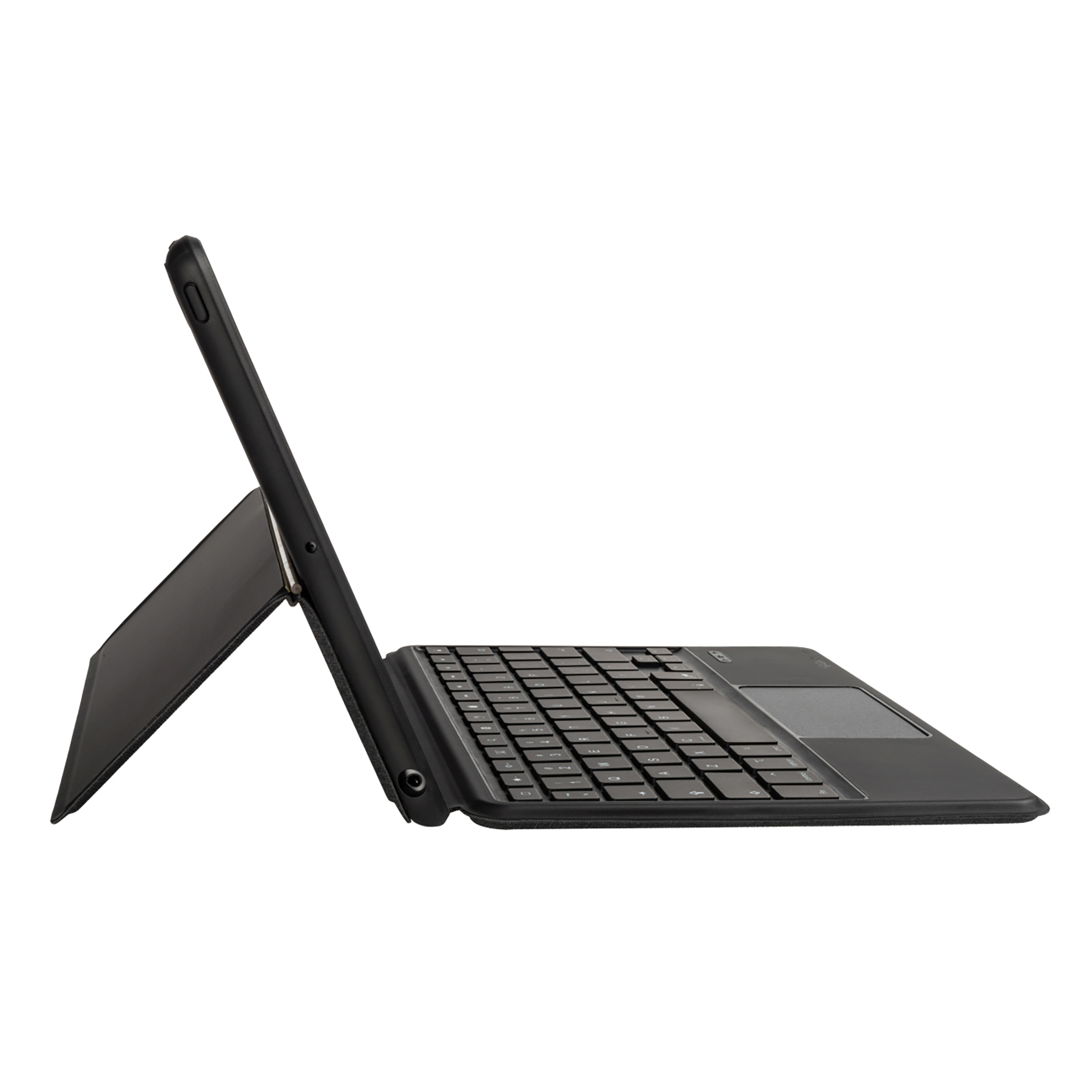 Ein schwarzes Tablet mit angeschlossener Tastatur, zum Gebrauch aufgestellt. Der Bildschirm zeigt zum Betrachter.