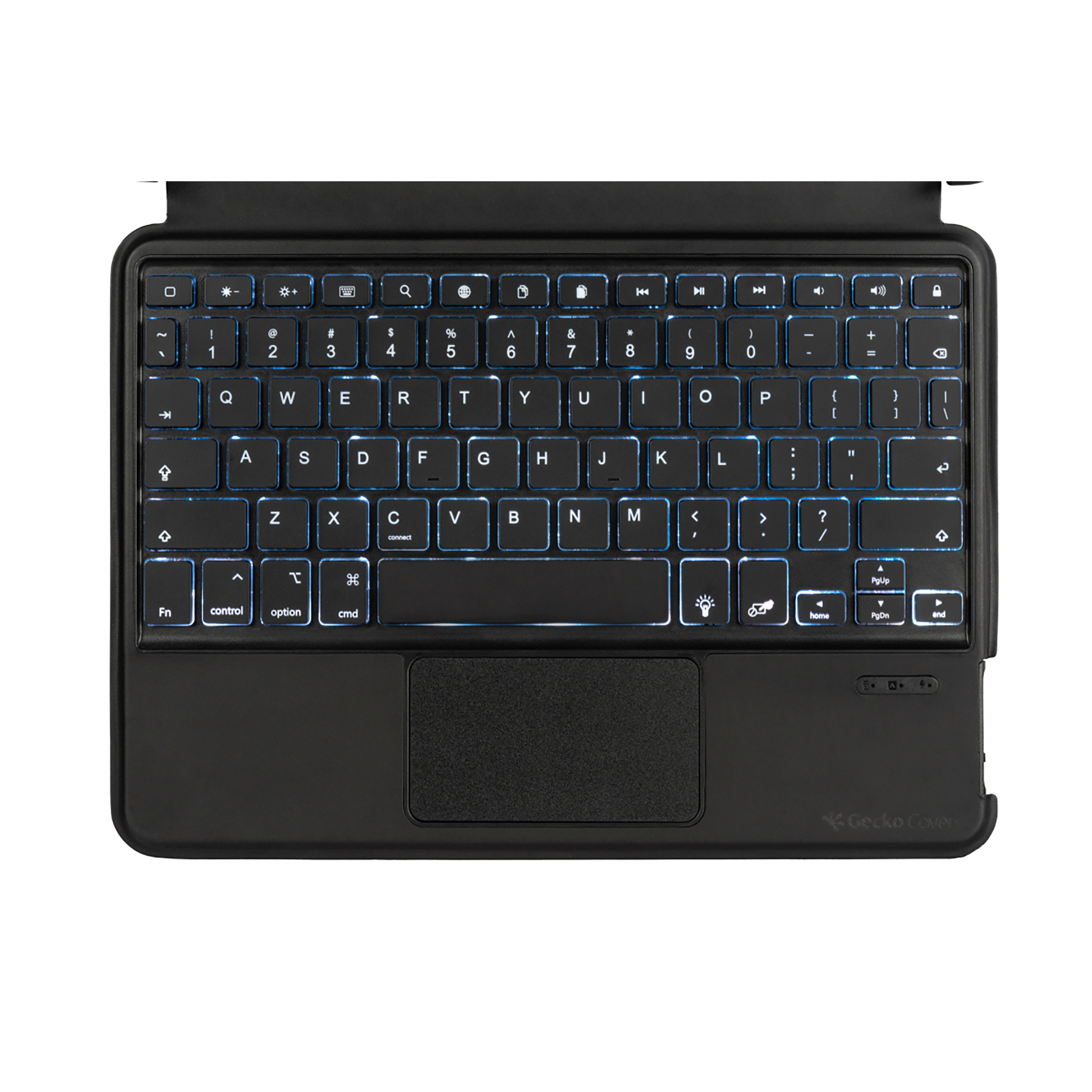 Schwarze Tastatur mit Hintergrundbeleuchtung und Touchpad. Es ist auf weißem Grund.