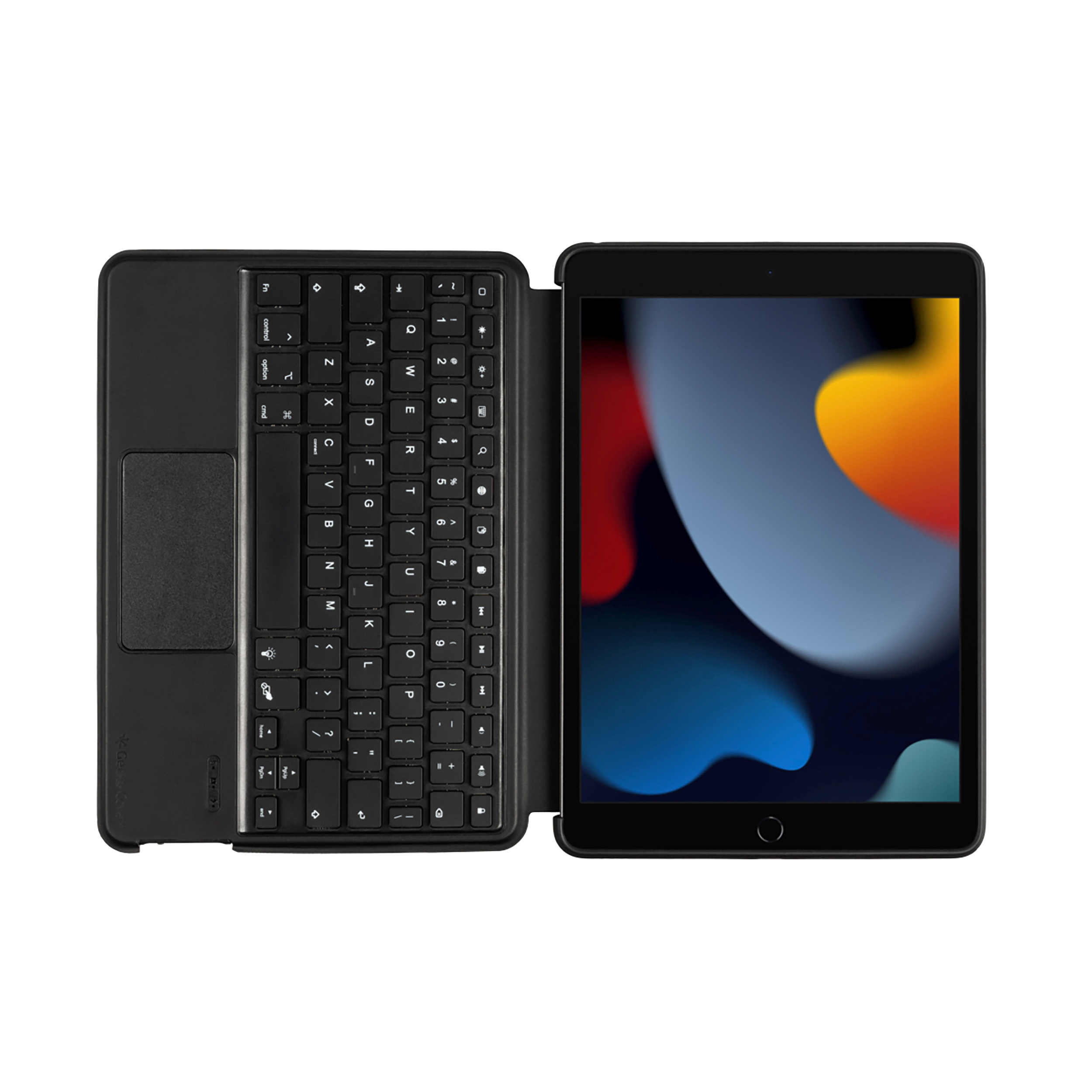 Tablet mit angeschlossener Tastatur. Der Bildschirm zeigt farbenfrohe Grafiken.