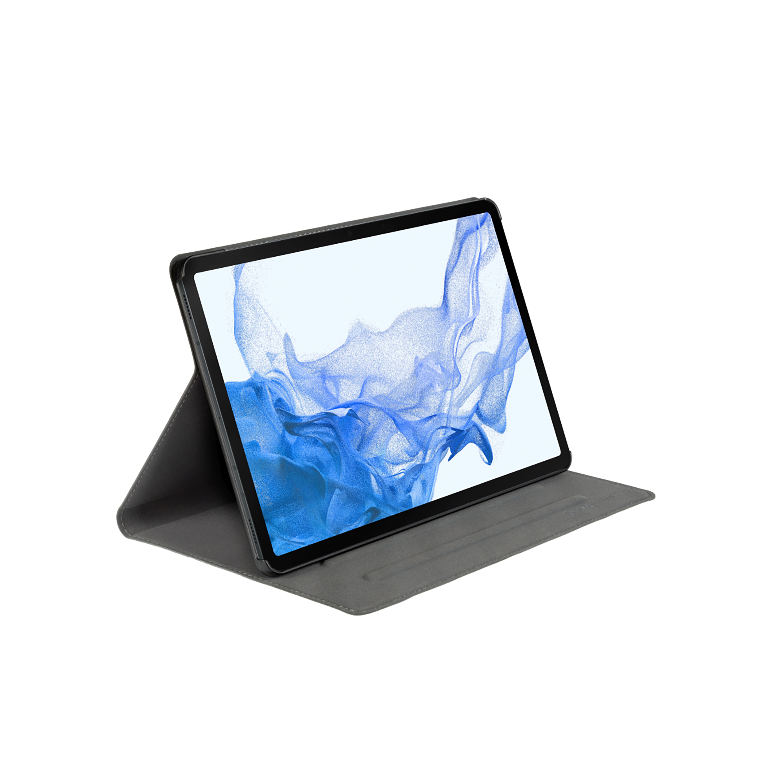 Tablet in einer grauen Hülle, abgewinkelt. Der Bildschirm zeigt ein blaues, abstraktes Design.