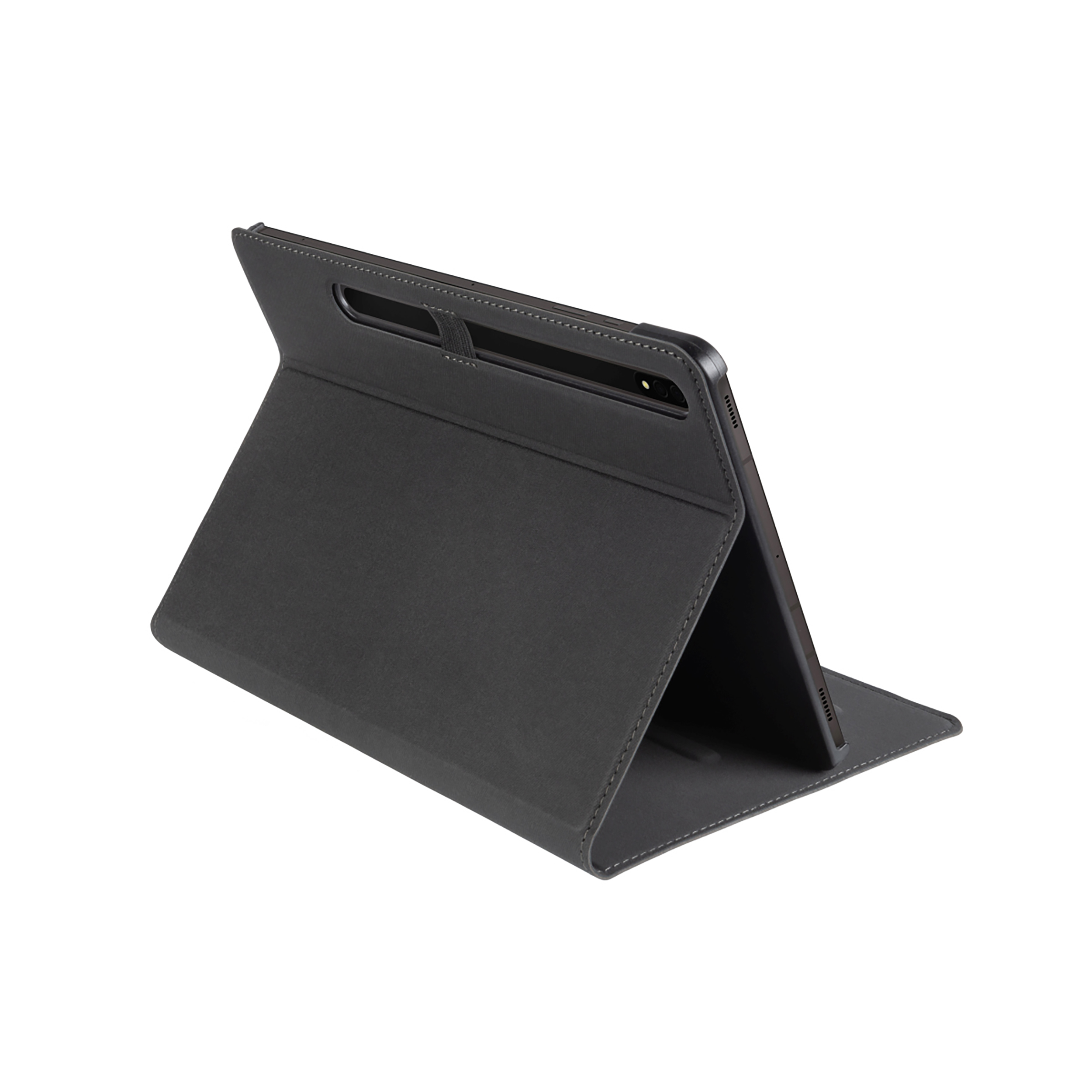 Eine schwarze Tablethülle mit Ständer, leicht angewinkelt.
