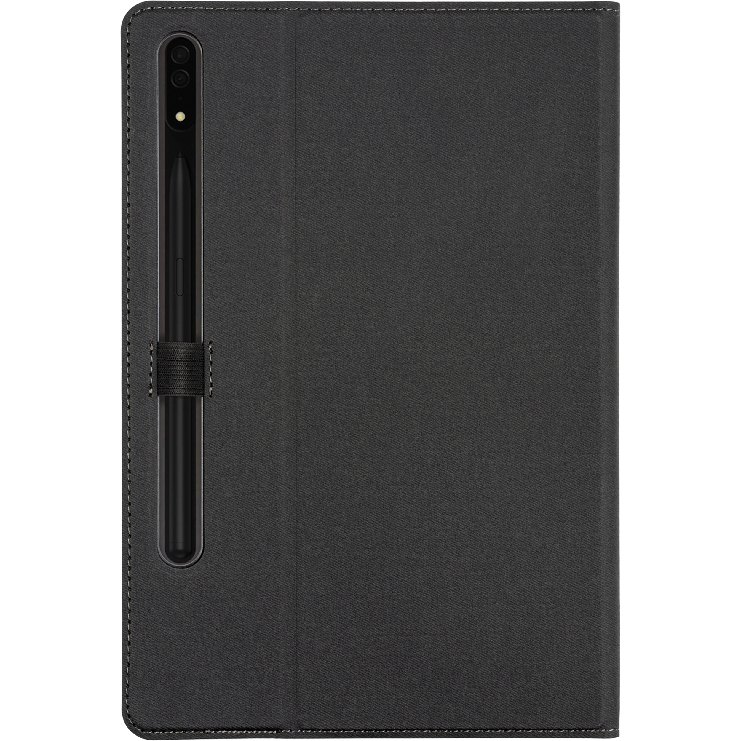 Schwarze Tablethülle mit Stifthalter. Der Stift ist schwarz und die Hülle ist geschlossen.