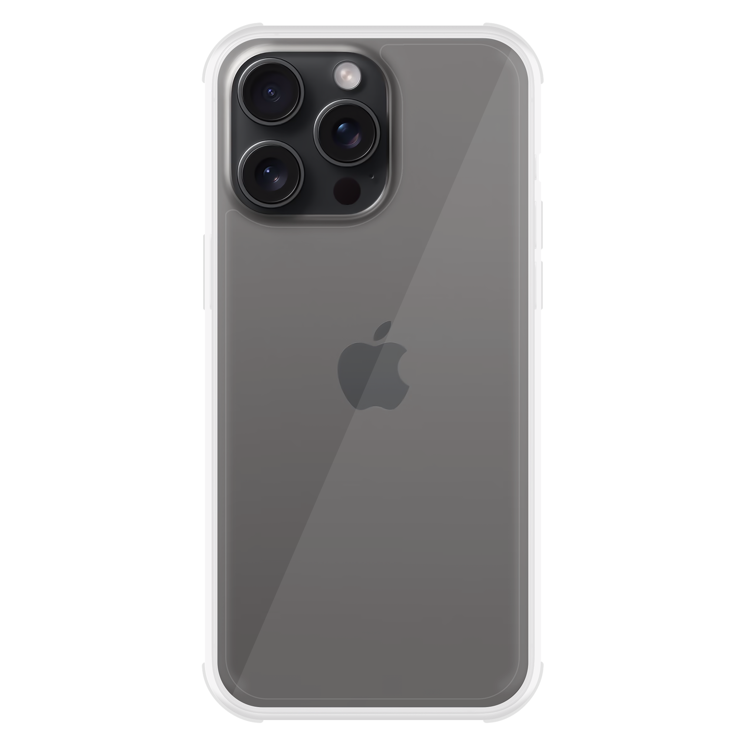 Transparente Handyhülle auf einem schwarzen Telefon mit Apple-Logo. Drei Kameras sichtbar. Schwarzer Hintergrund.