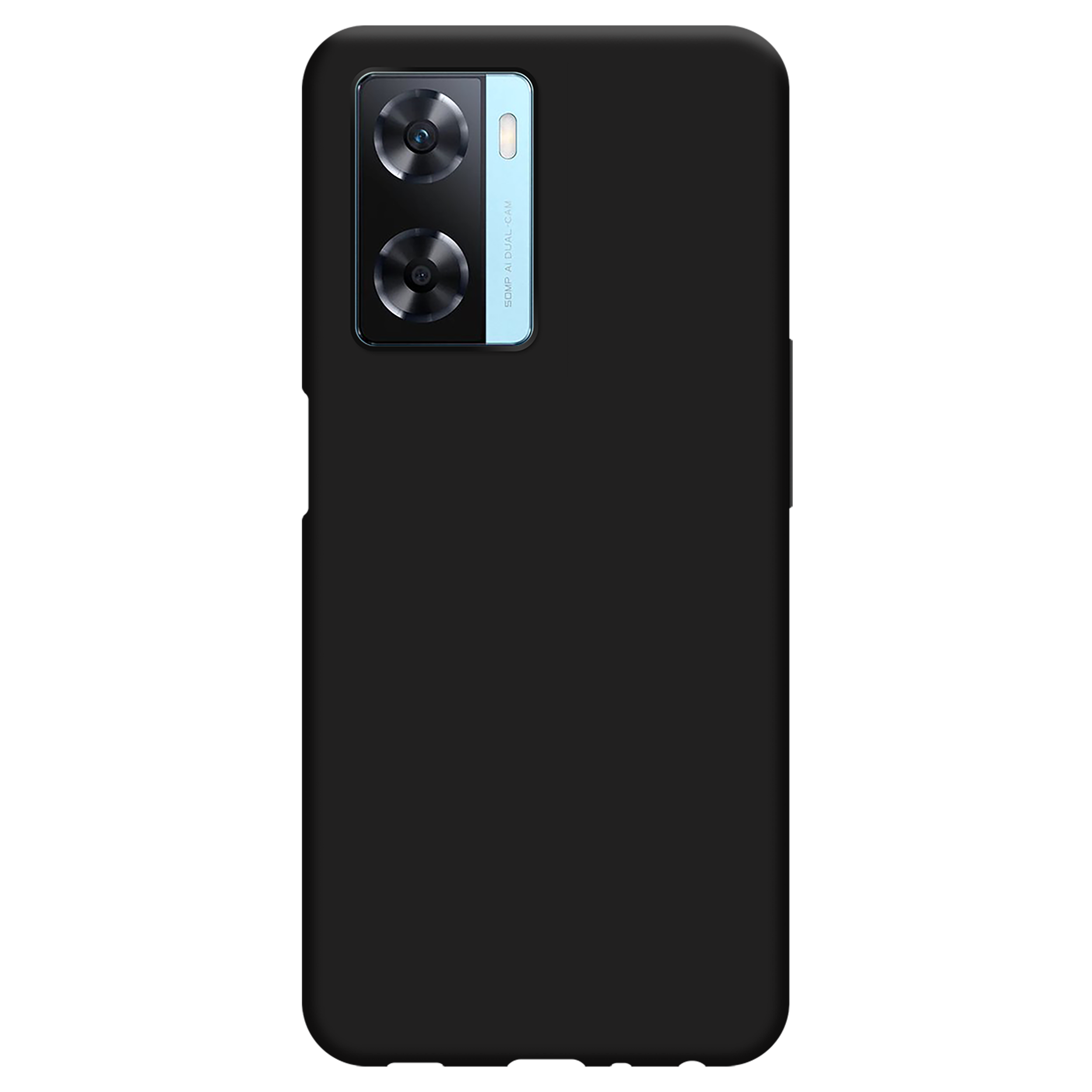 Telefon mit schwarzer Hülle, zeigt die Rückseite, schwarzer Hintergrund.