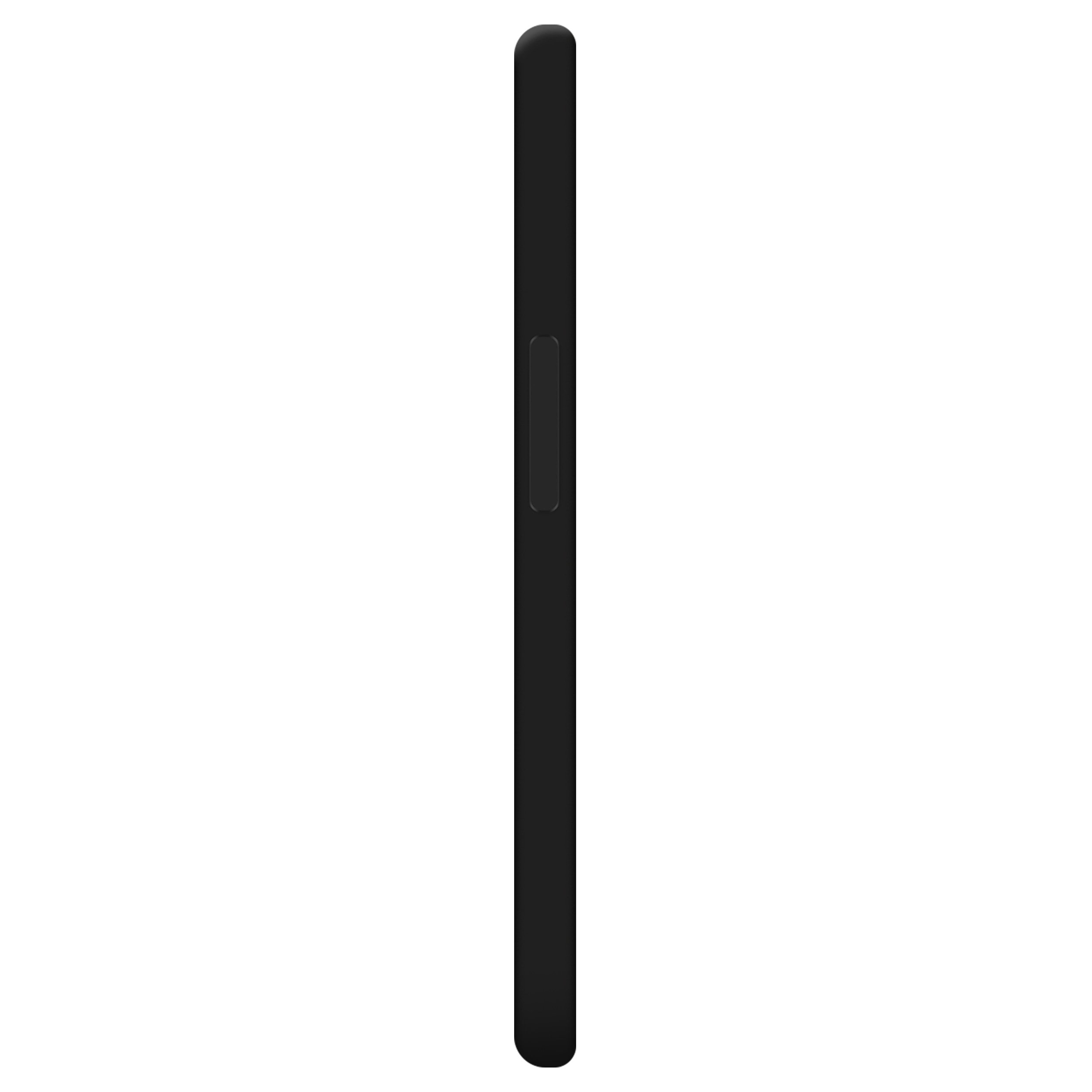 Seitenansicht eines schwarzen Telefons mit Taste, schwarzer Hintergrund.