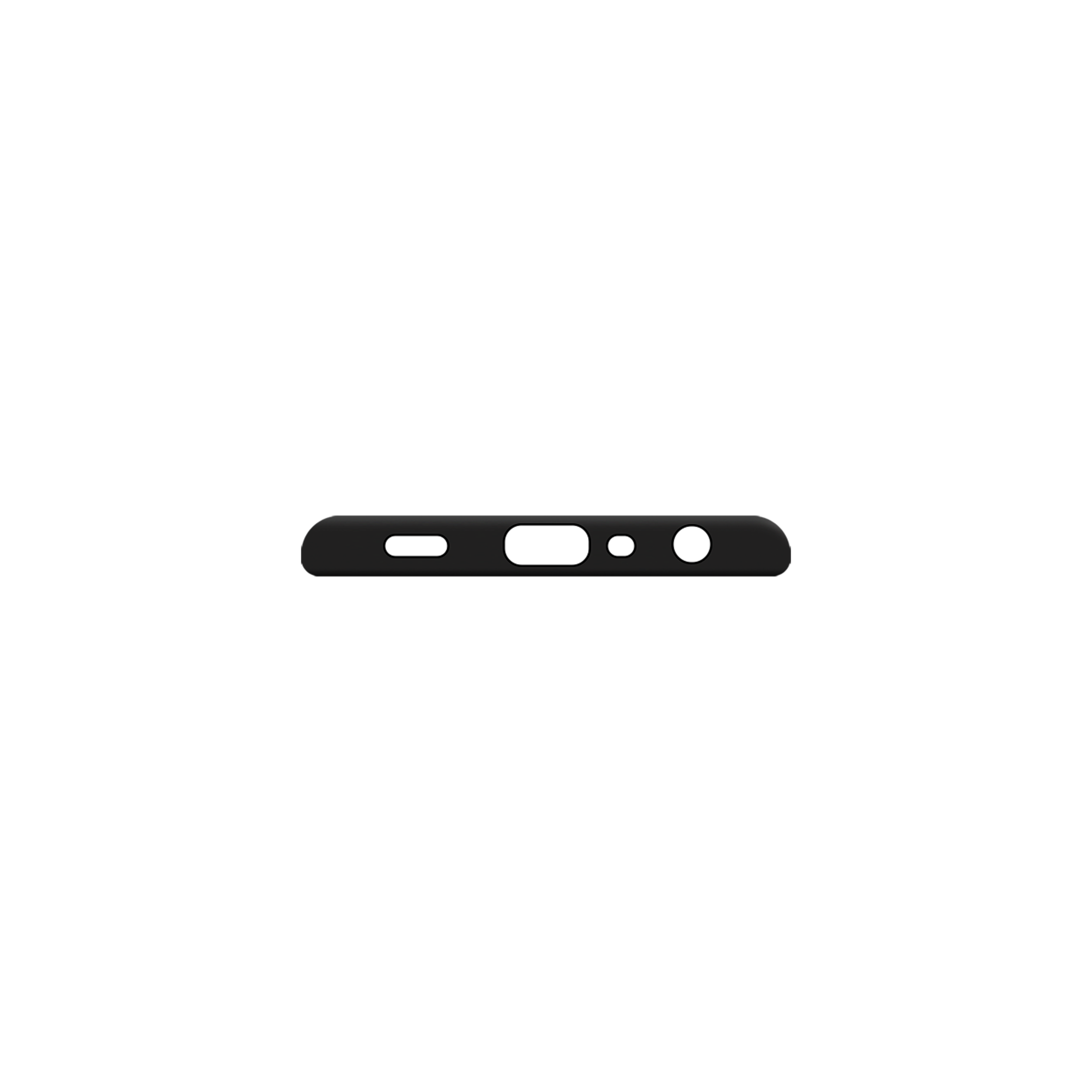 Schwarze Telefonhülle unten, mit Anschlüssen und Löchern, vor schwarzem Hintergrund.