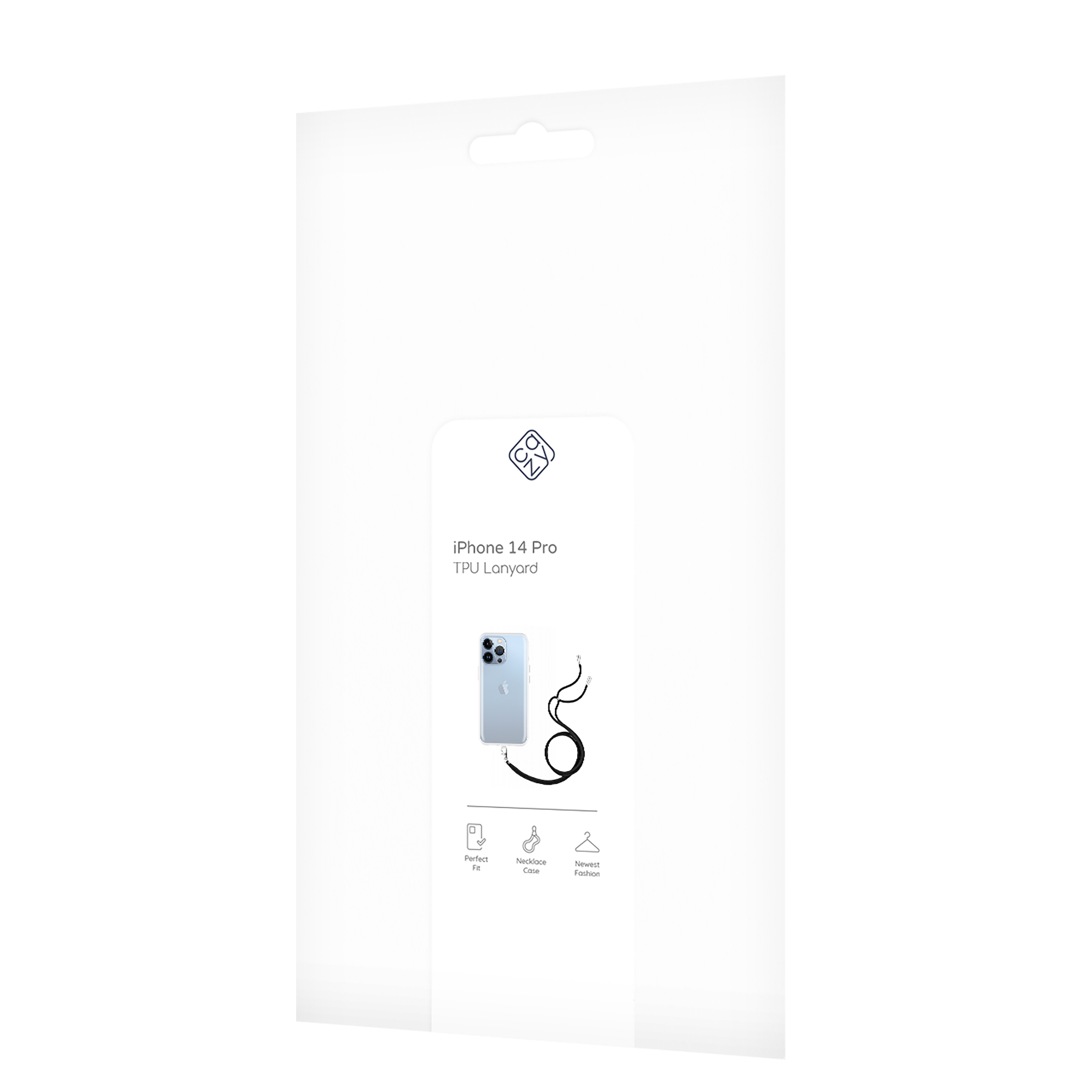 Verpackung für ein iPhone 14 Pro Lanyard, mit Telefonbild und Loch.