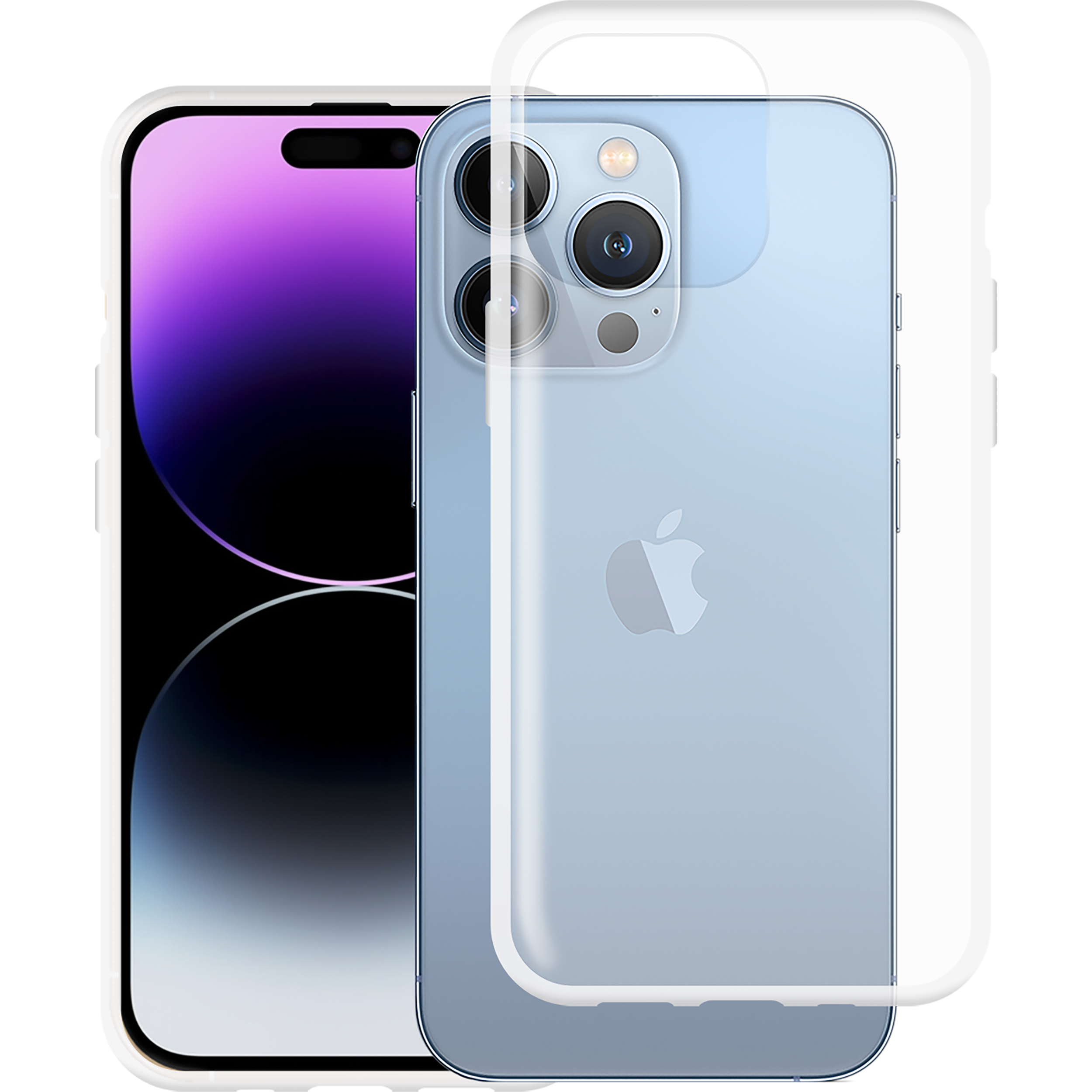 Blaues iPhone mit klarer Hülle, Kameras zeigend, auf schwarzem Hintergrund.