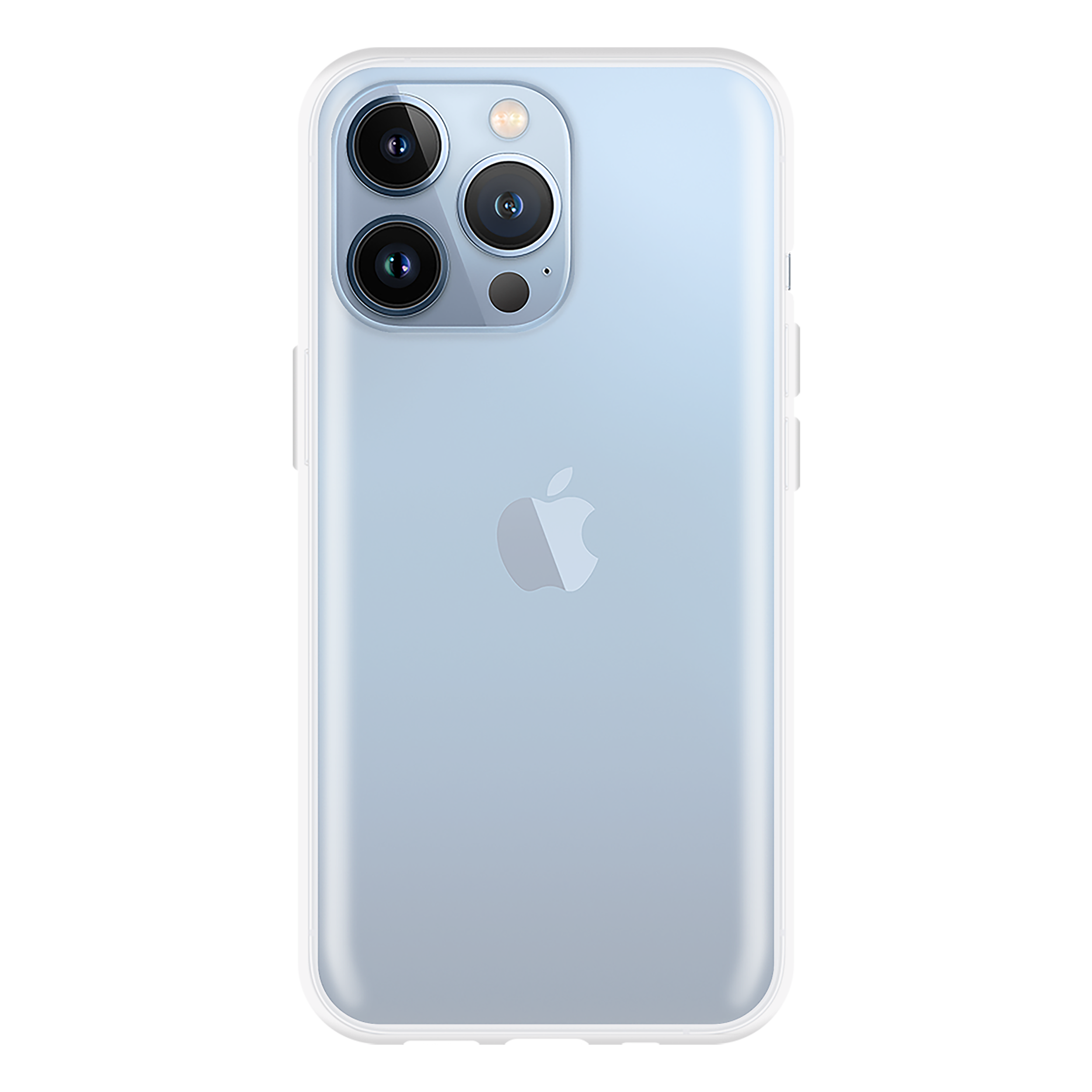 Blaues Telefon mit drei Kameras, weiße Hülle, schwarzer Hintergrund.