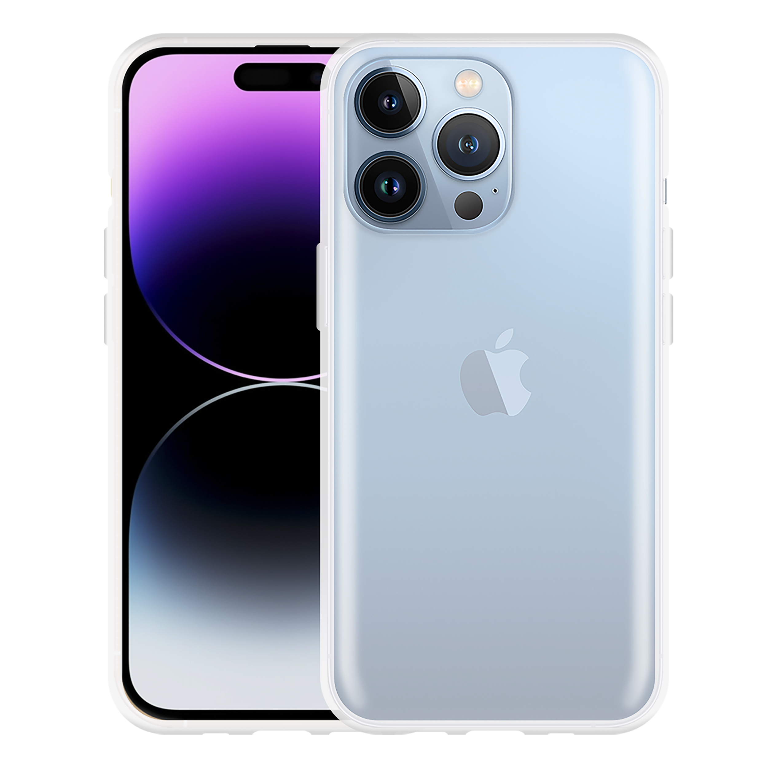 Ein hellblaues iPhone in einer transparenten Hülle. Der Bildschirm zeigt ein lila und schwarzes Bild.