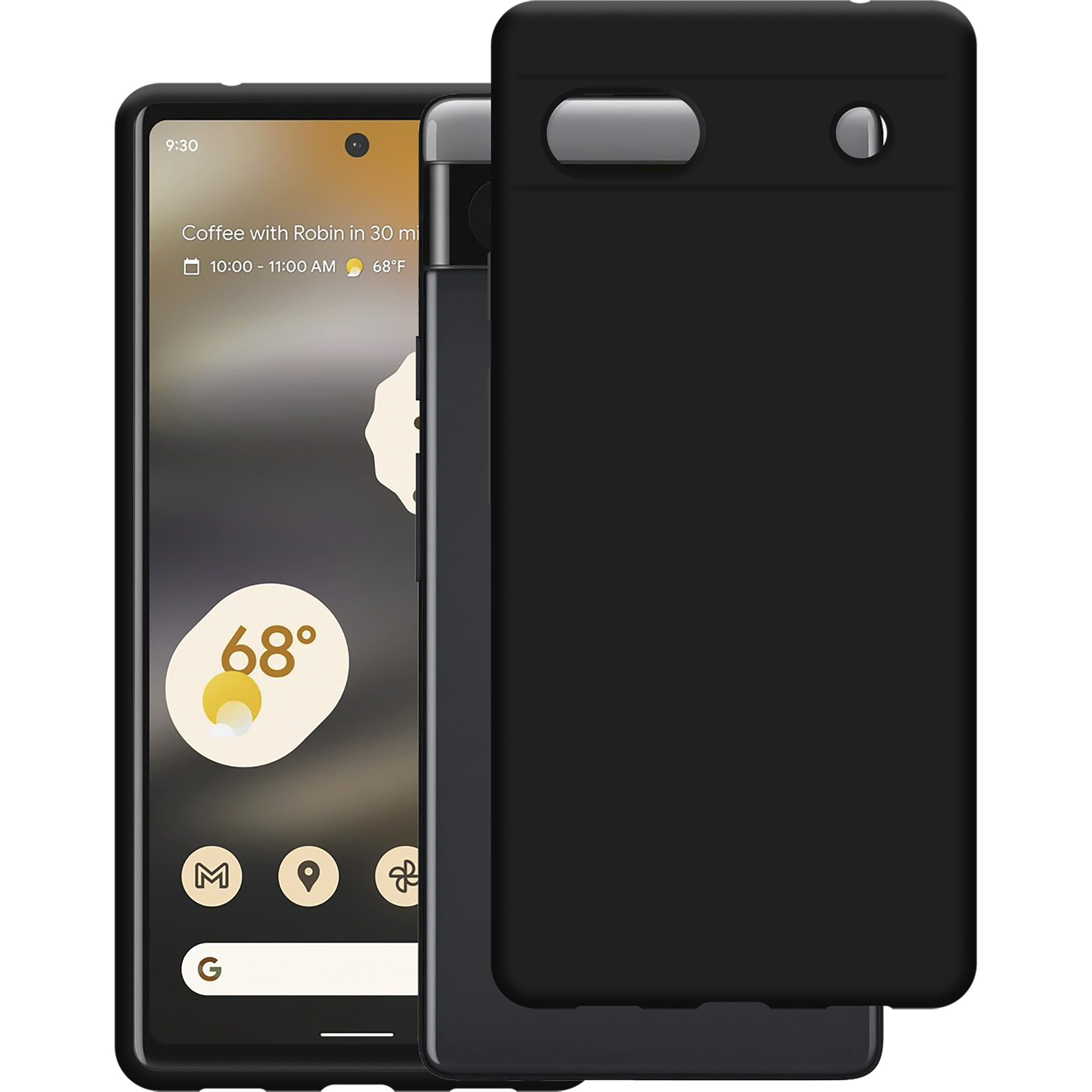 Schwarzes Telefon mit weißer Hülle, Bildschirm sichtbar, schwarzer Hintergrund.