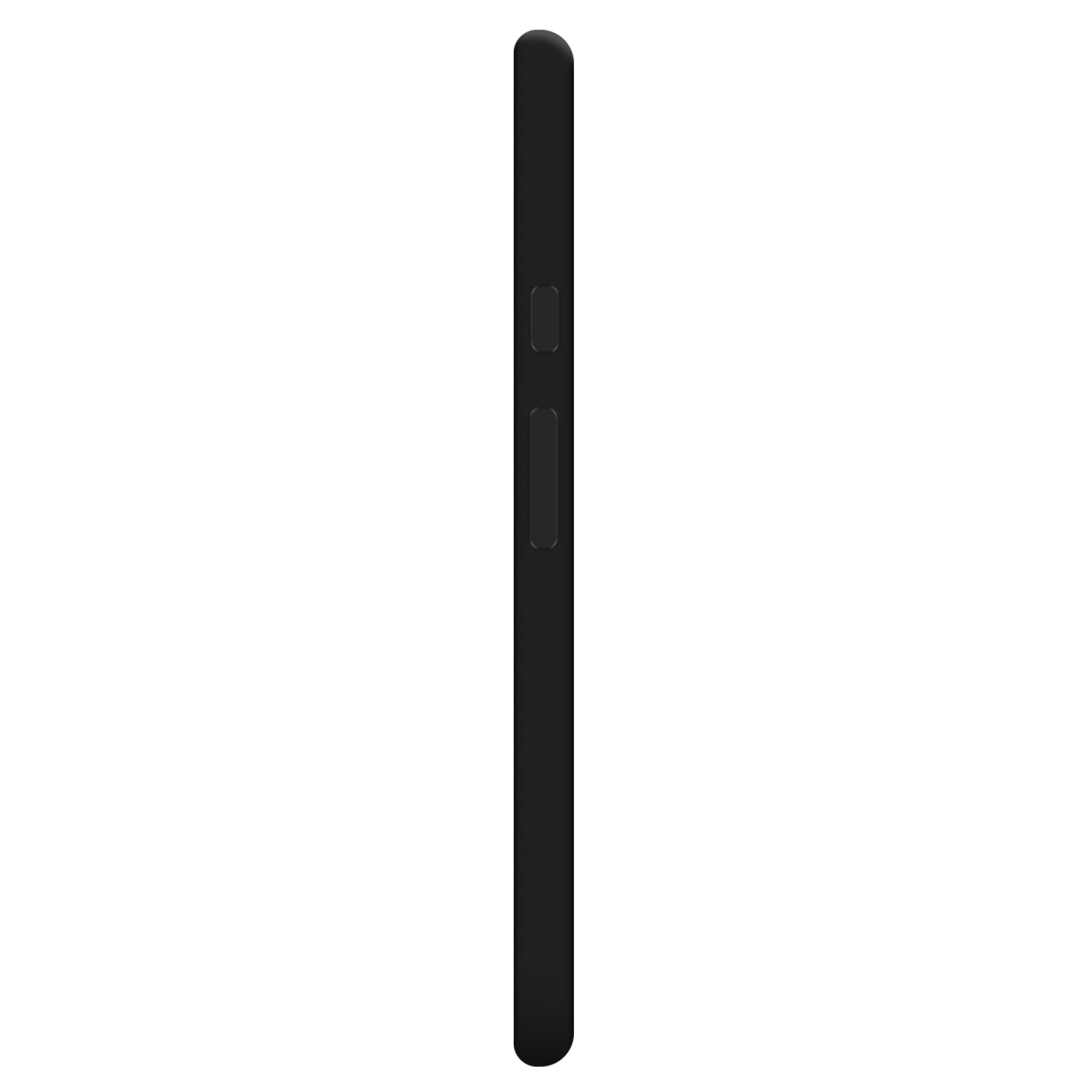 Schwarze Telefonseitenansicht, Knöpfe sichtbar, schwarzer Hintergrund.