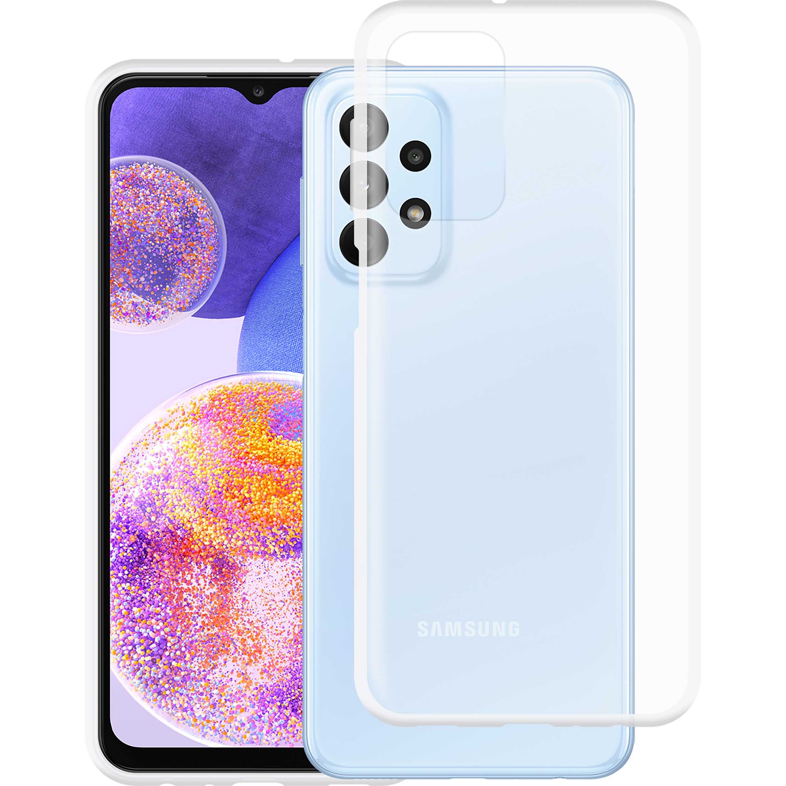 Samsung-Telefon mit Hülle, Bildschirm sichtbar und Kamera.