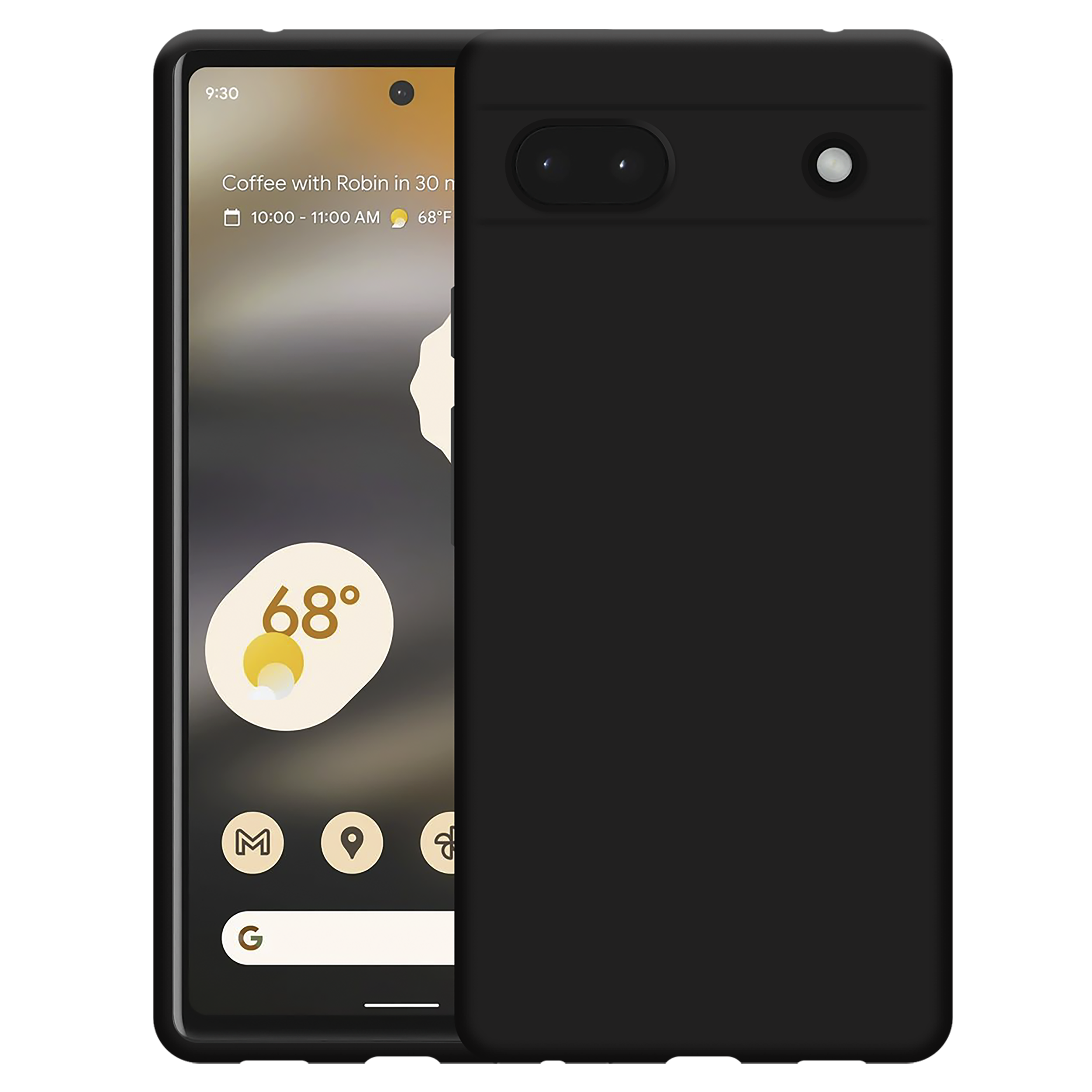 Ein schwarzes Google Pixel-Telefon mit einer schwarzen Hülle. Der Bildschirm zeigt einen Kalender und die Uhrzeit.