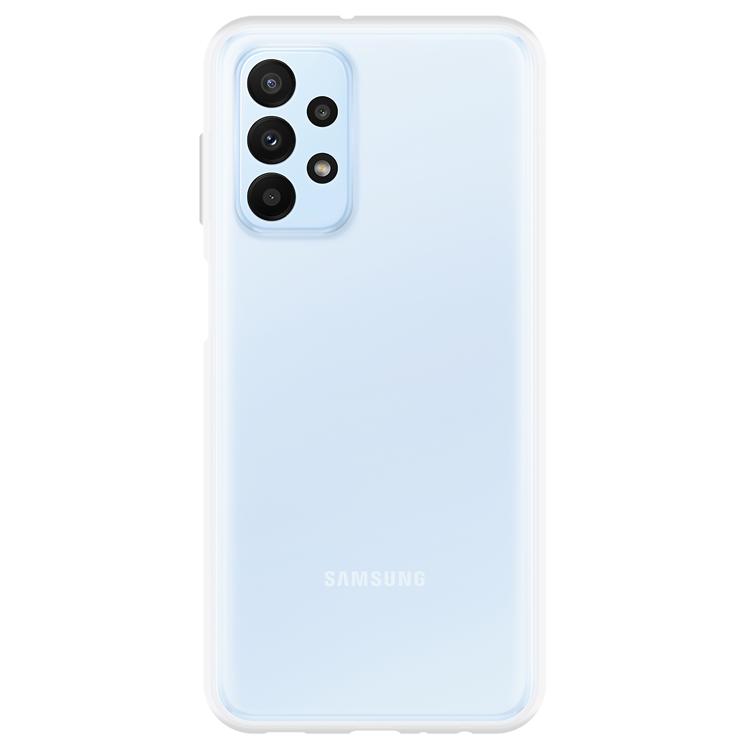 Hellblaues Samsung-Telefon mit vier Kameras auf der Rückseite. Samsung-Logo sichtbar.
