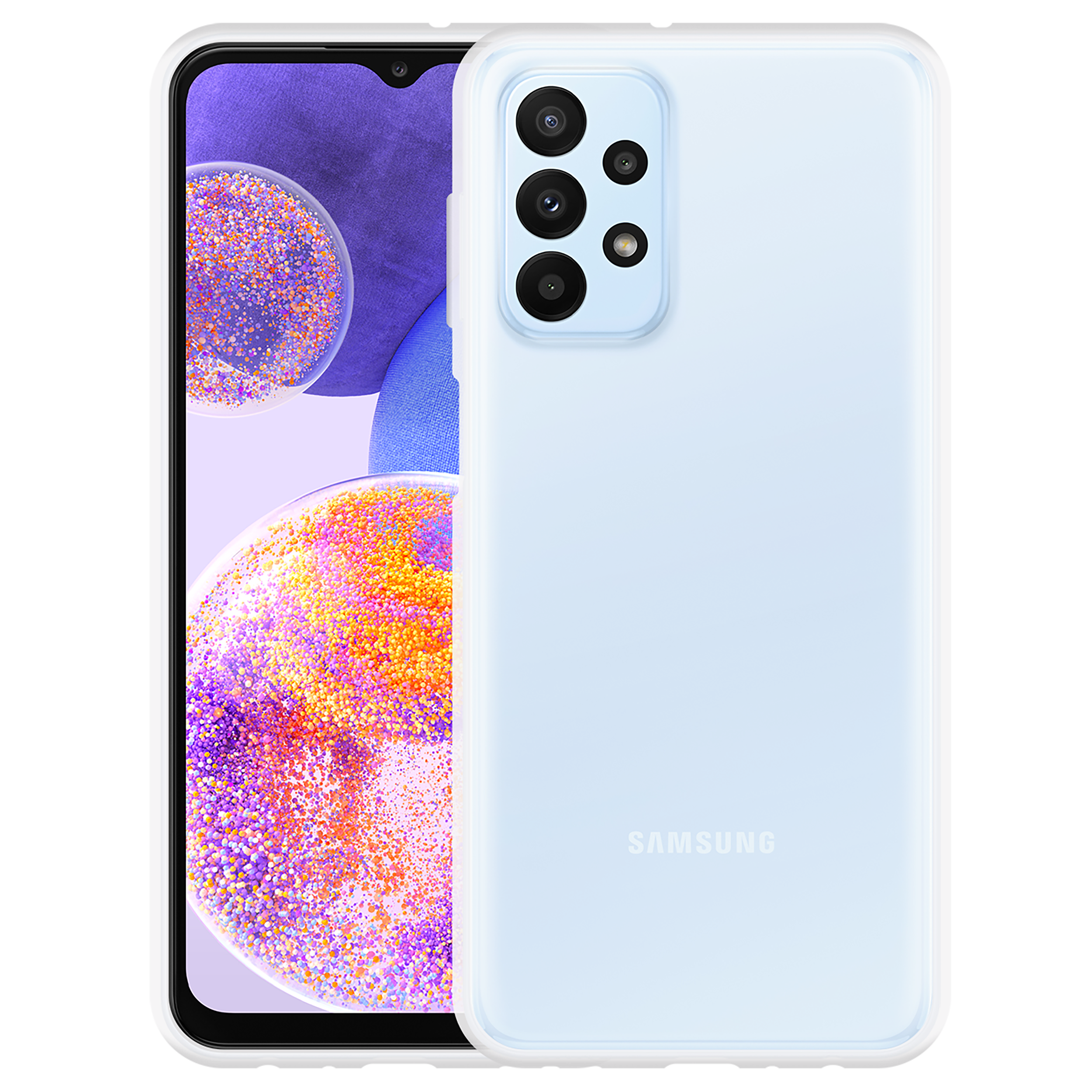 Samsung-Telefon mit Hülle, Bildschirm sichtbar und Kamera.