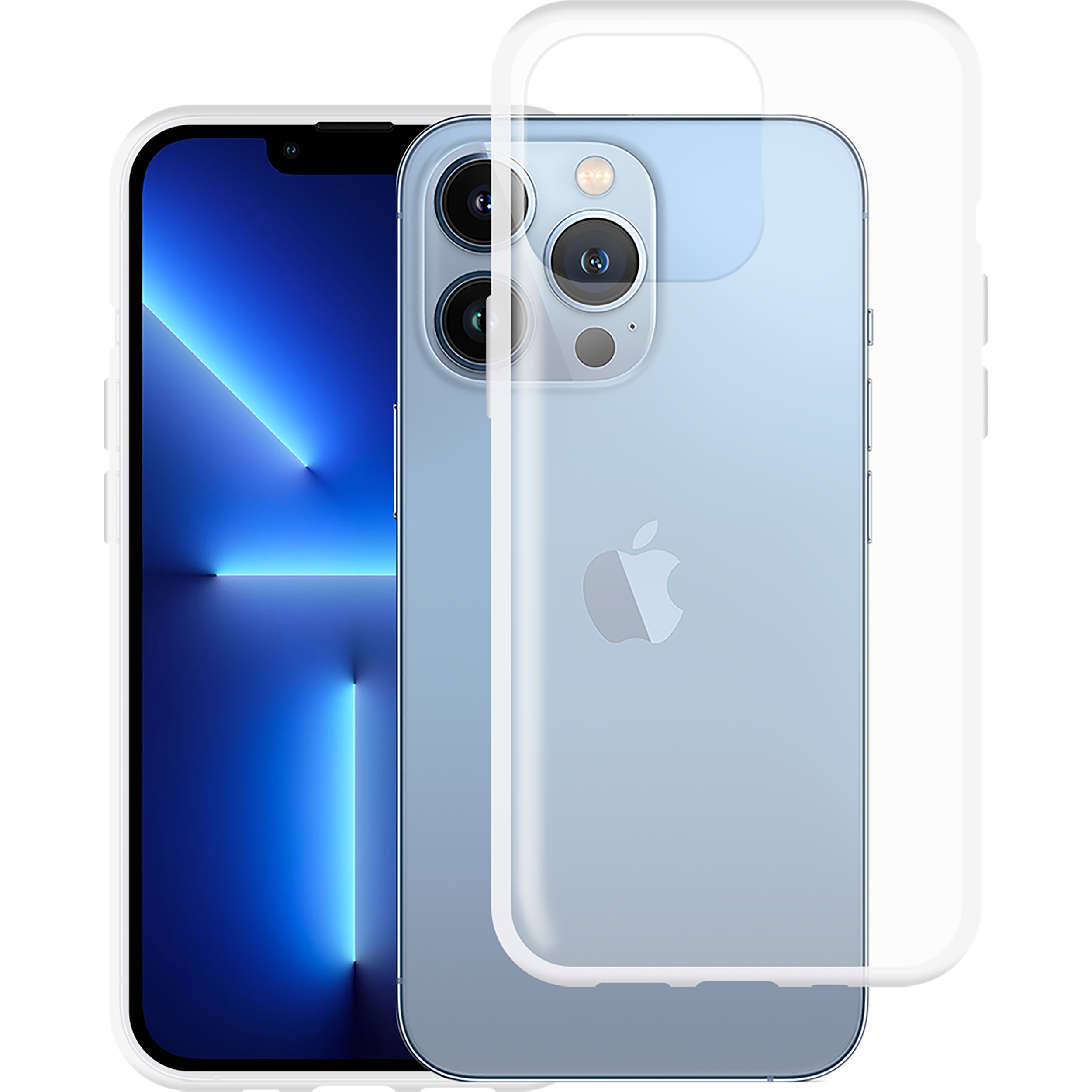 Telefon mit blauem Bildschirm, mit klarer Hülle, auf schwarzem Hintergrund.