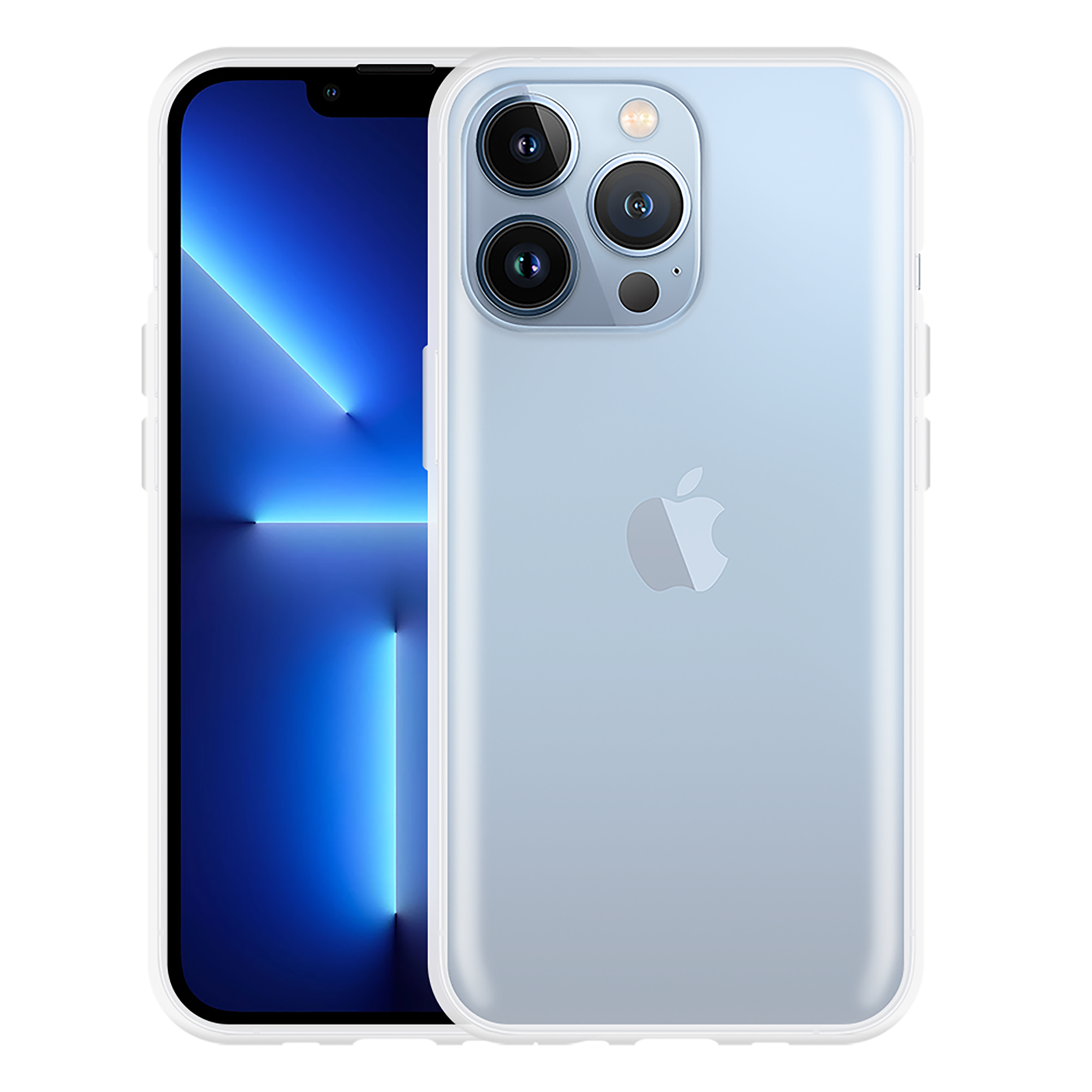 Ein hellblaues iPhone in einer transparenten Hülle. Der Bildschirm zeigt ein blaues Bild.
