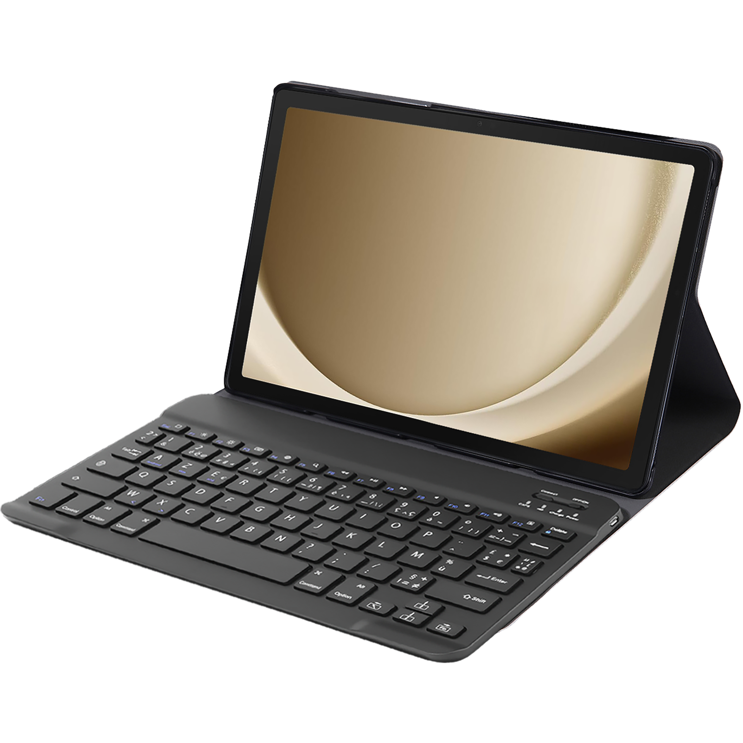 Tablet mit Tastaturhülle. Schwarzes Tablet, Bildschirm an, goldener Hintergrund. Tastatur ist befestigt.