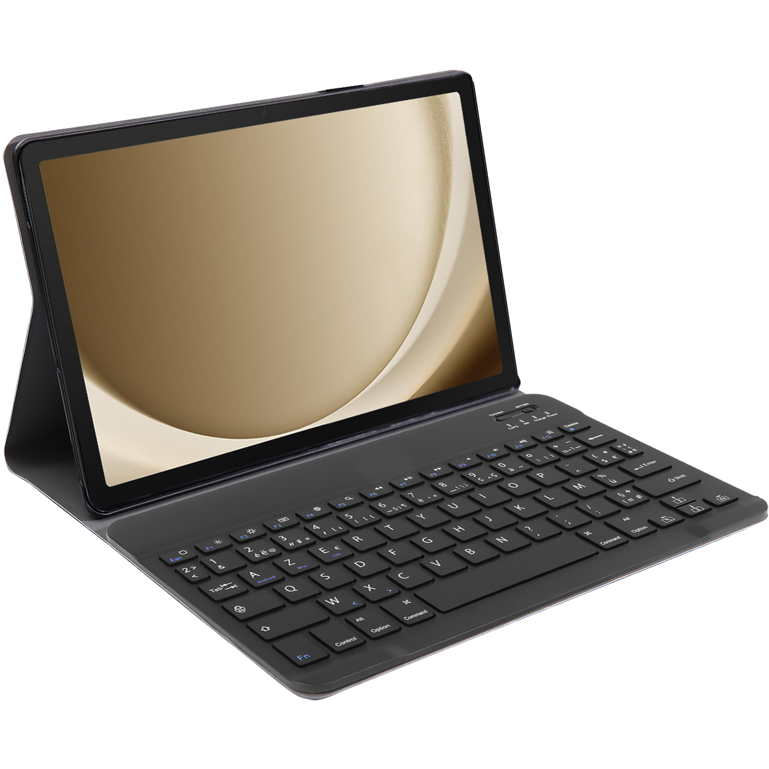 Schwarzes Tablet mit Tastaturhülle, goldfarbenem Bildschirm und schwarzem Hintergrund.