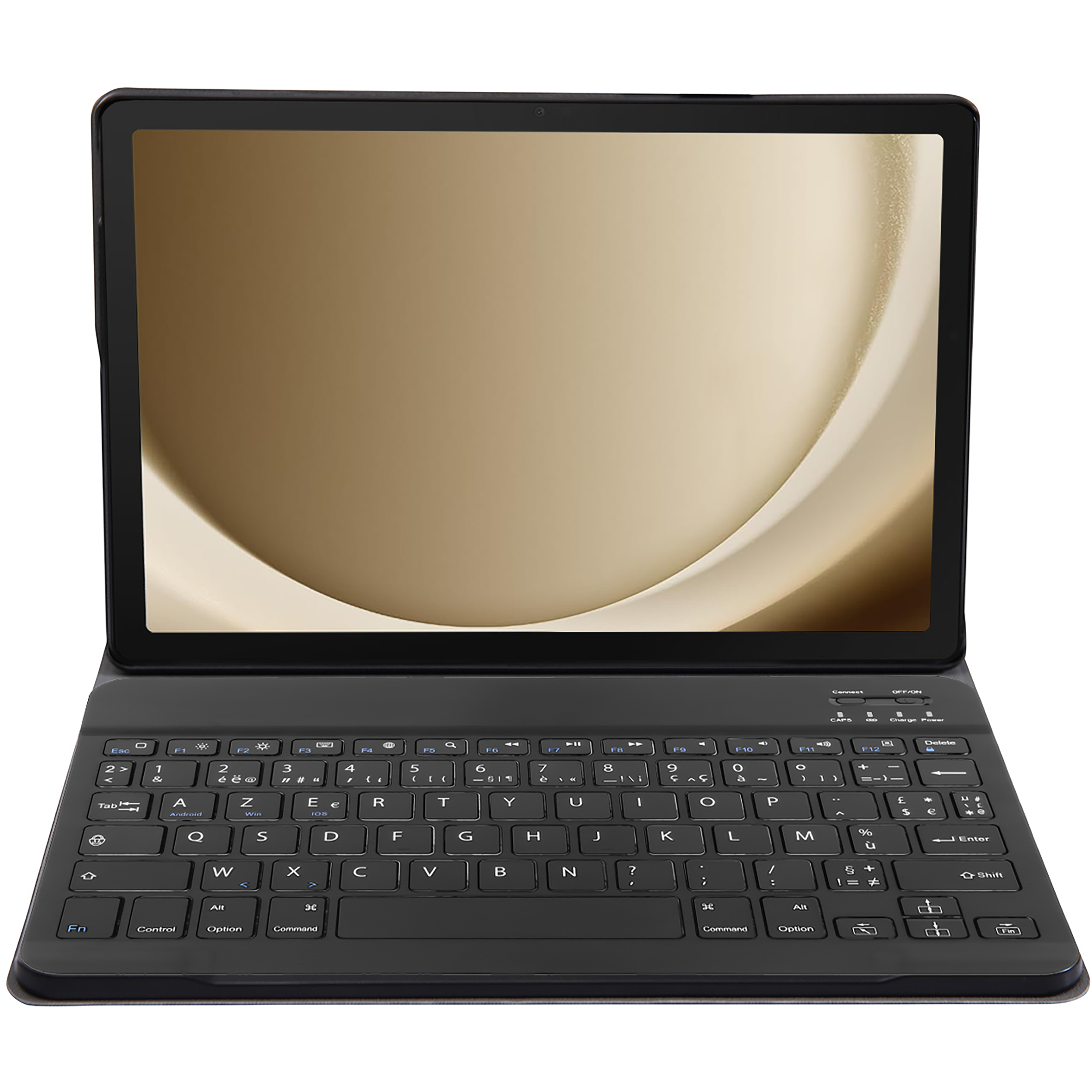 Ein schwarzes Tablet mit Tastaturabdeckung, das einen goldenen Hintergrund anzeigt.