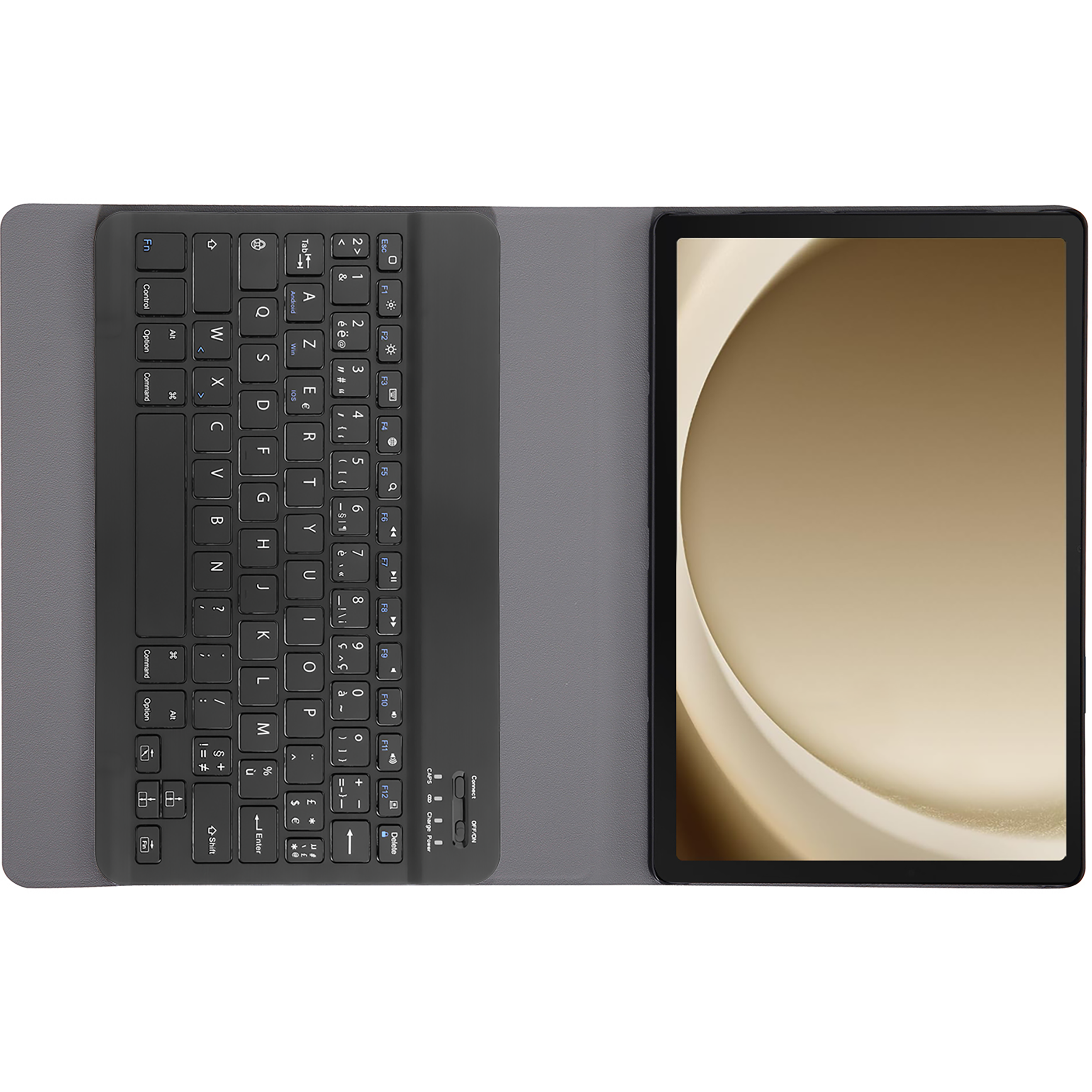 Tablet mit Tastaturhülle und hellbraunem Bildschirm.