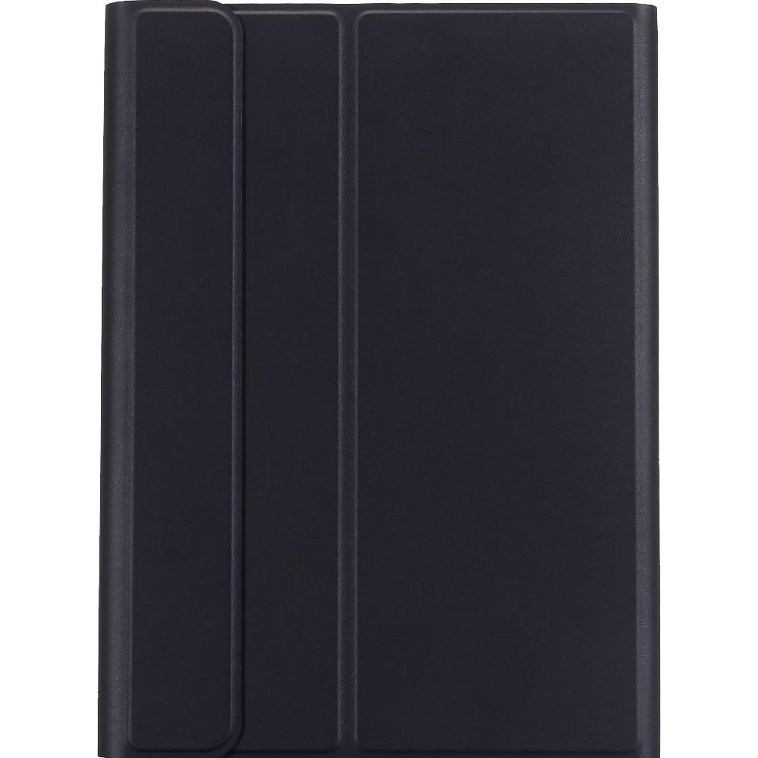 Geschlossene schwarze Tablet-Hülle. Die Hülle hat einen Magnetverschluss. Weißer Hintergrund.