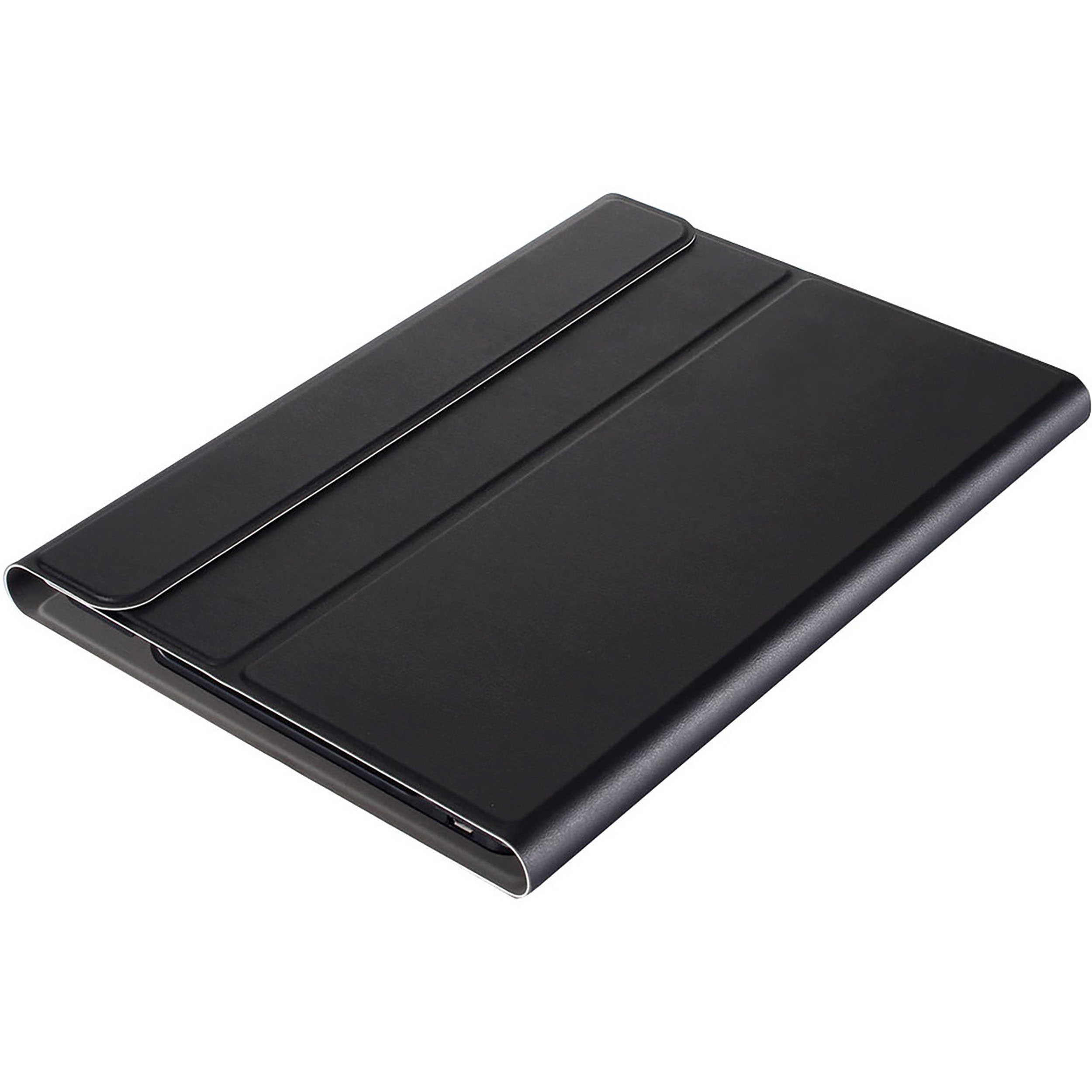 Eine geschlossene schwarze Tablettasche mit silberner Zierleiste auf weißem Hintergrund.