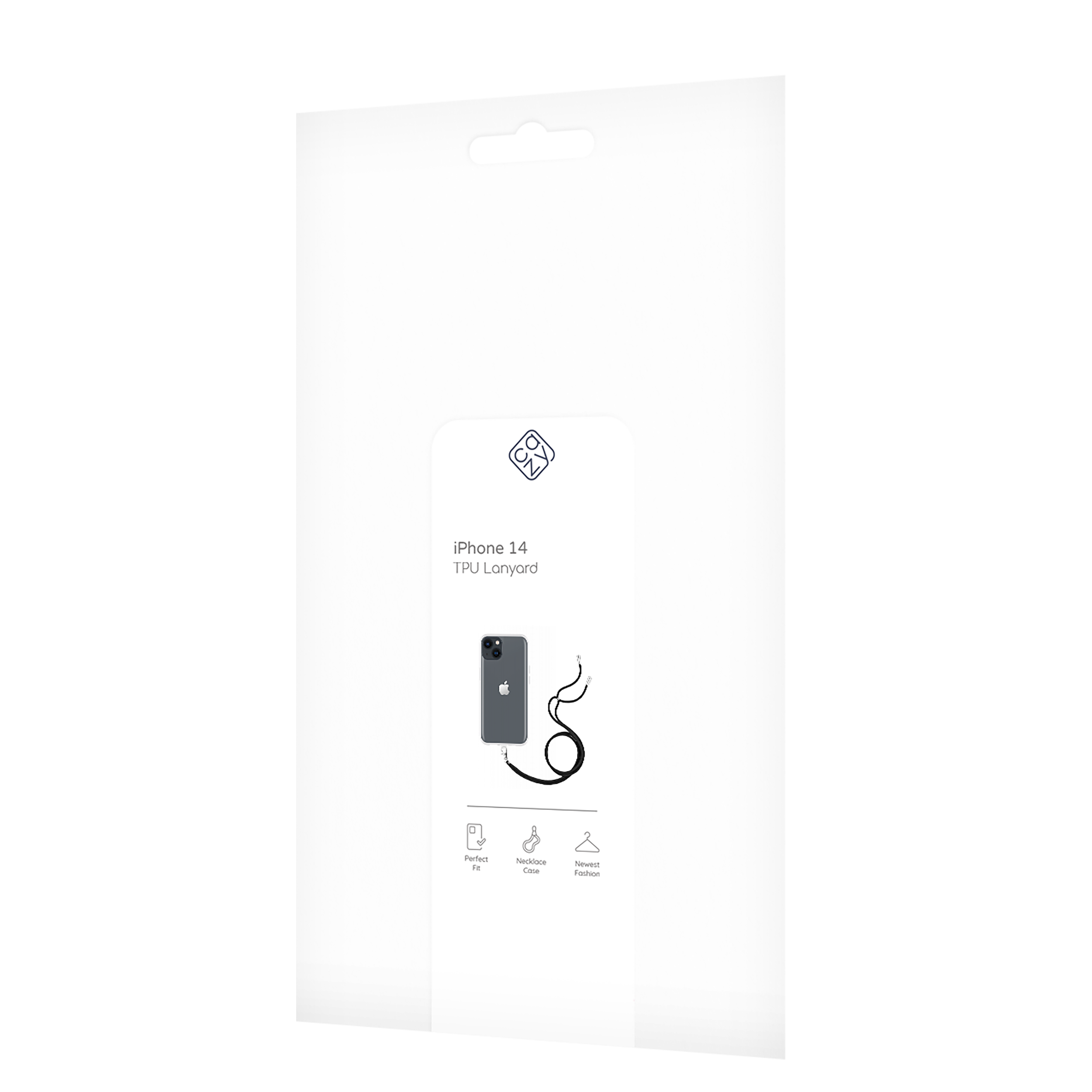 Verpackung für Telefon-Lanyard. Weißer Hintergrund. Packung zeigt Telefonbild, Lanyard und Markeninfo. Schwarzes Lanyard.
